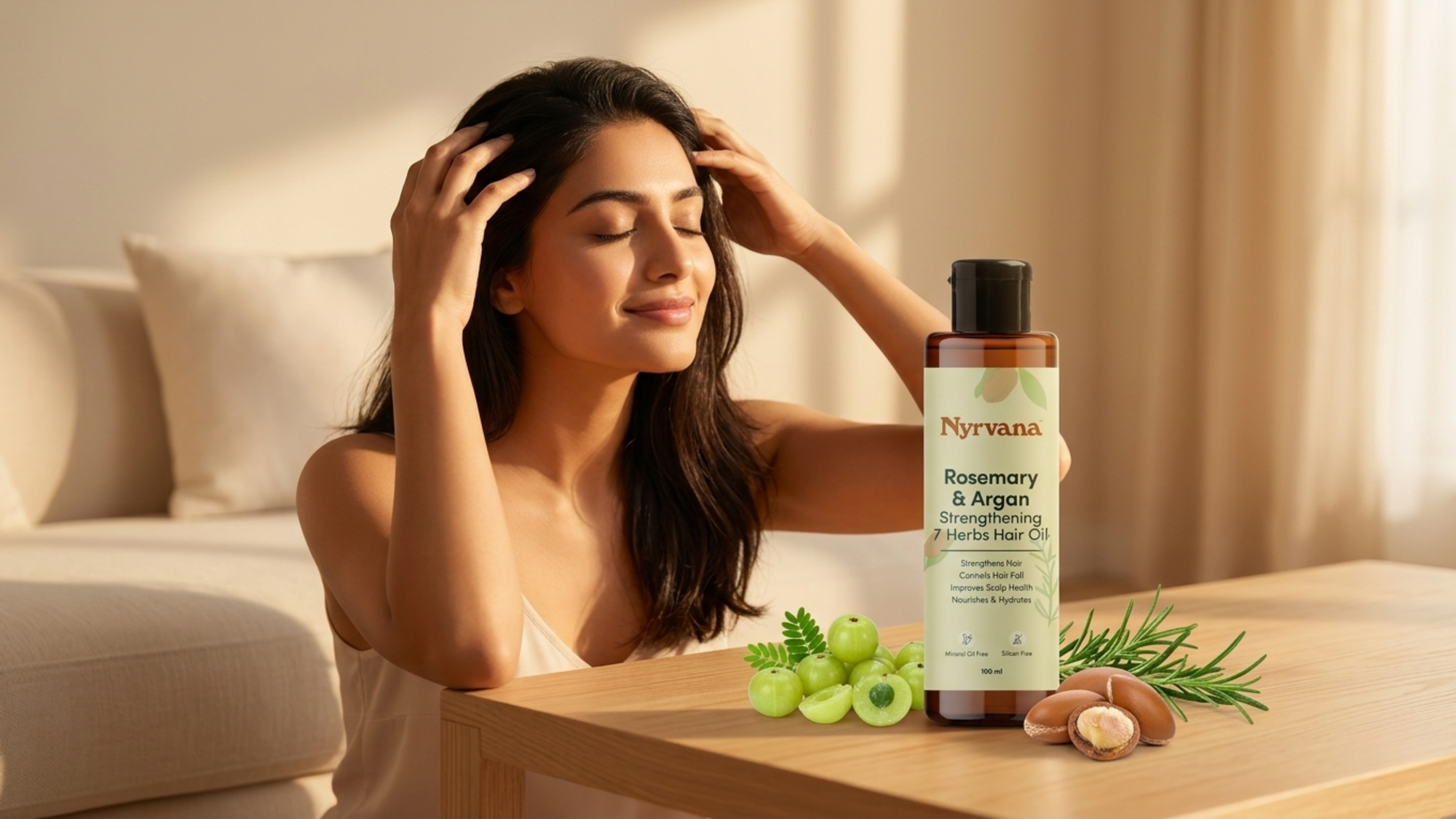 woman using Nyrvana hair oil on head