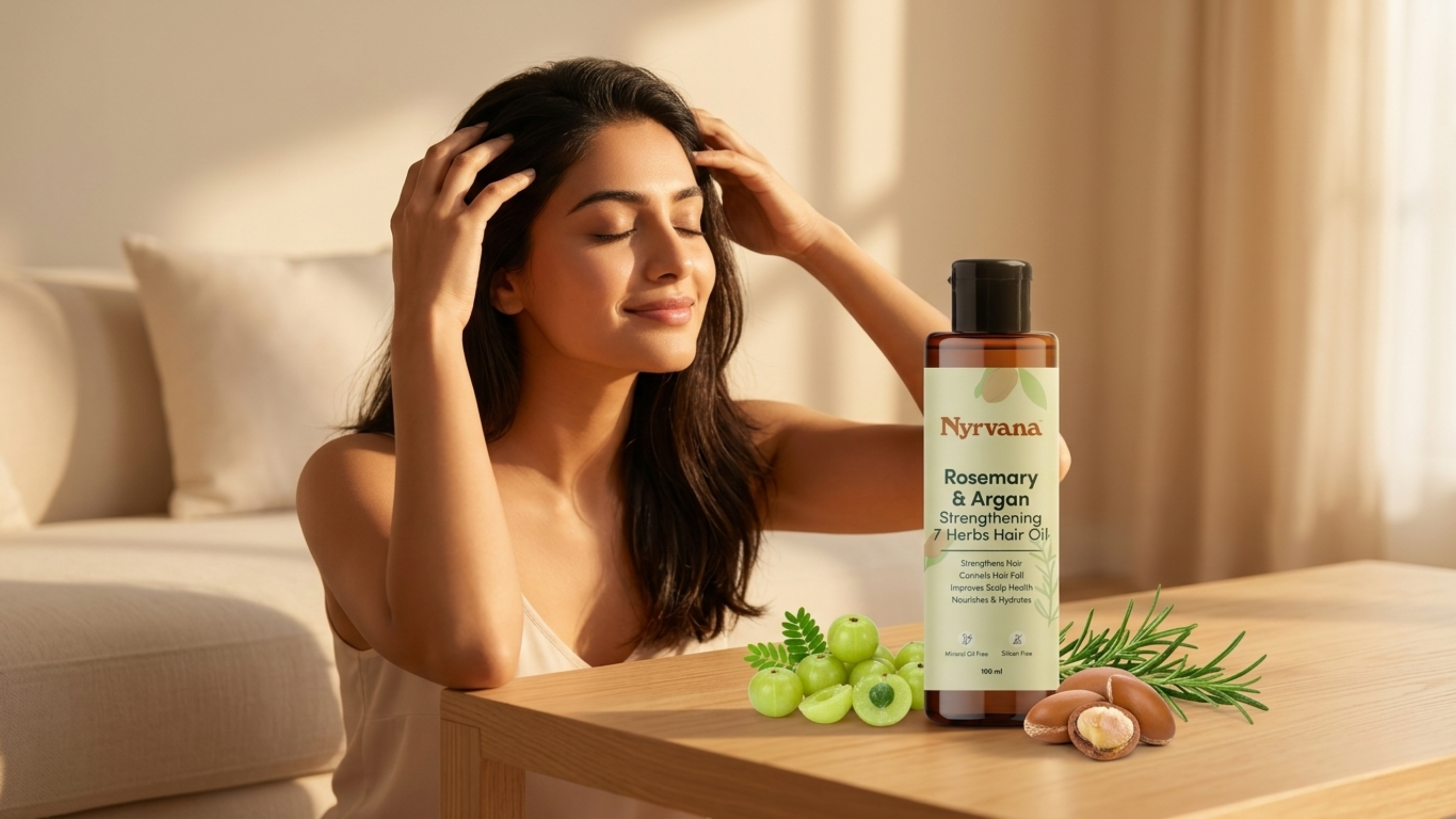 woman using Nyrvana hair oil on head