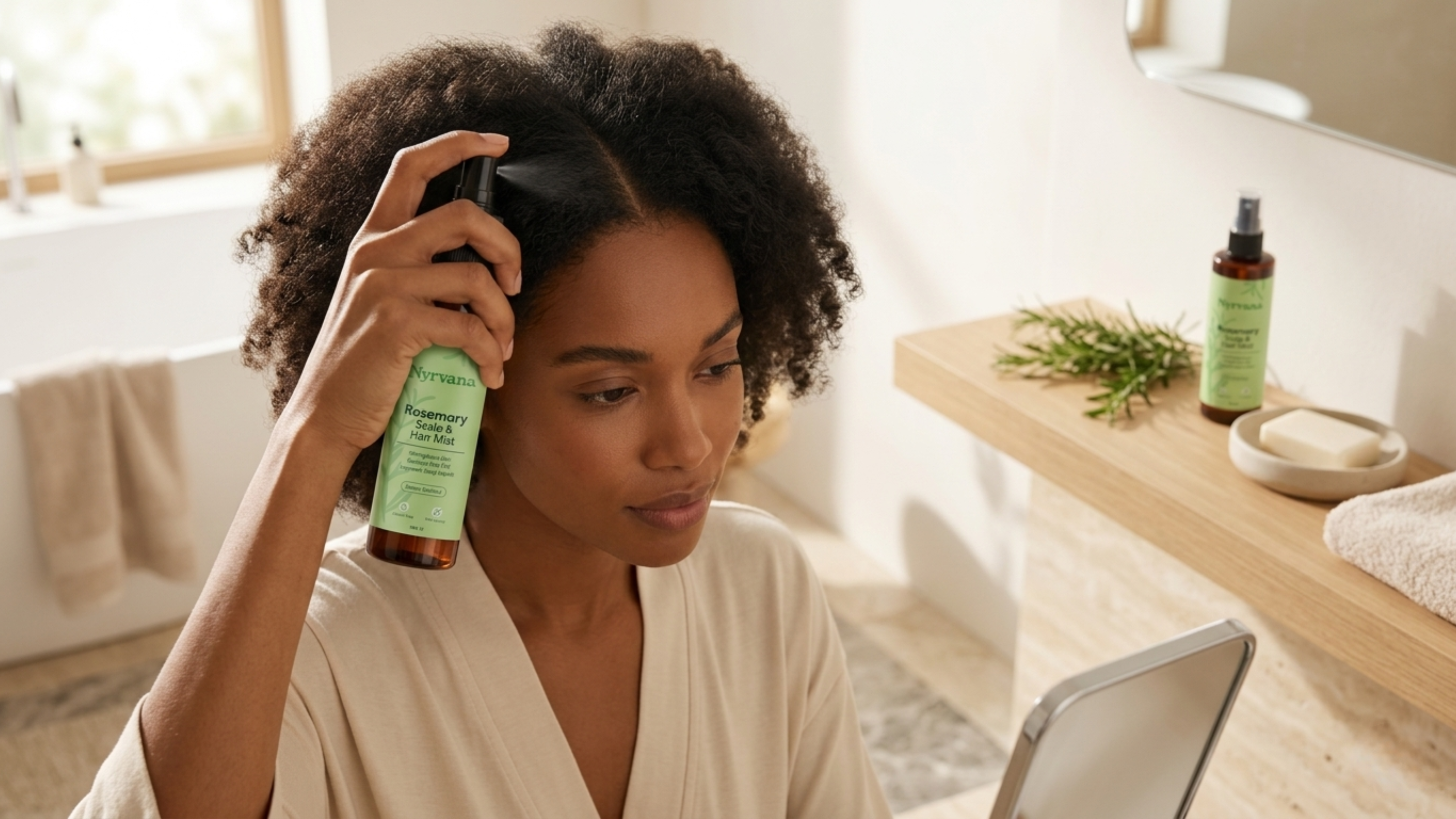 A woman with dark hair is shown in a bright modern bathroom, applying a rosemary water spray mist bottle directly onto her scalp with a calm focused expression.