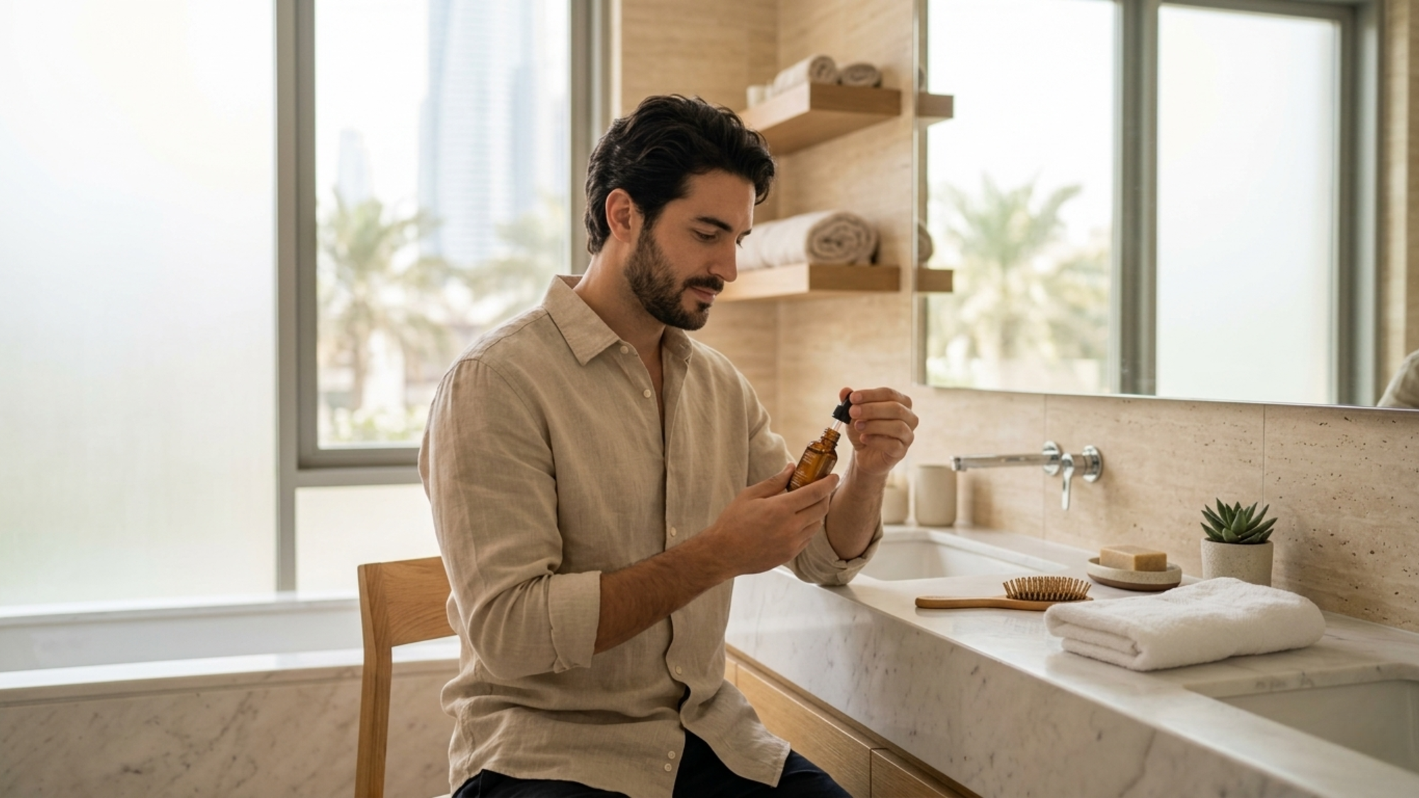 A man with dark hair is shown sitting at a bathroom counter, holding a small dropper bottle of hair treatment and looking at it thoughtfully with a calm and considered expression.