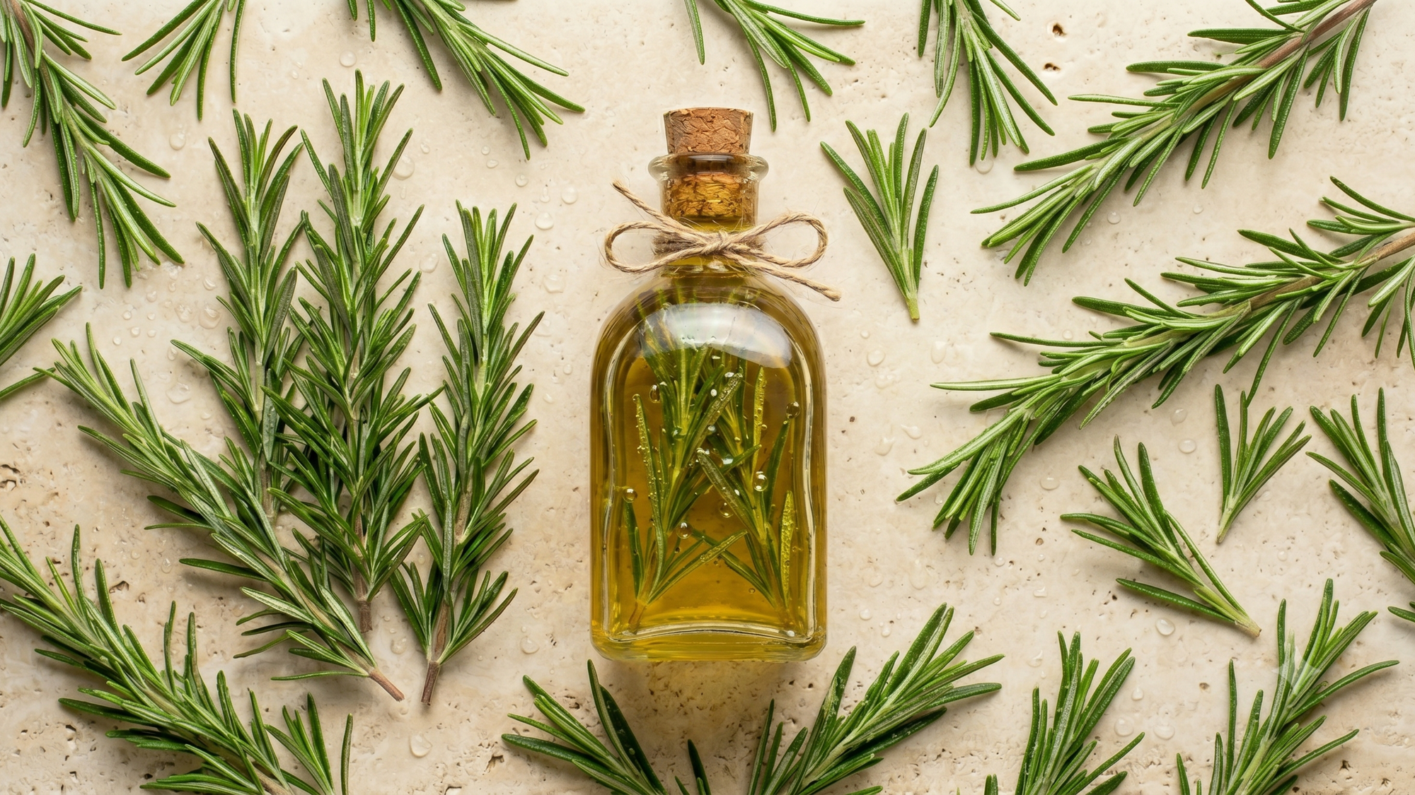 Flat lay of fresh rosemary sprigs and golden oil bottle on cream stone surface with water droplets natural lighting