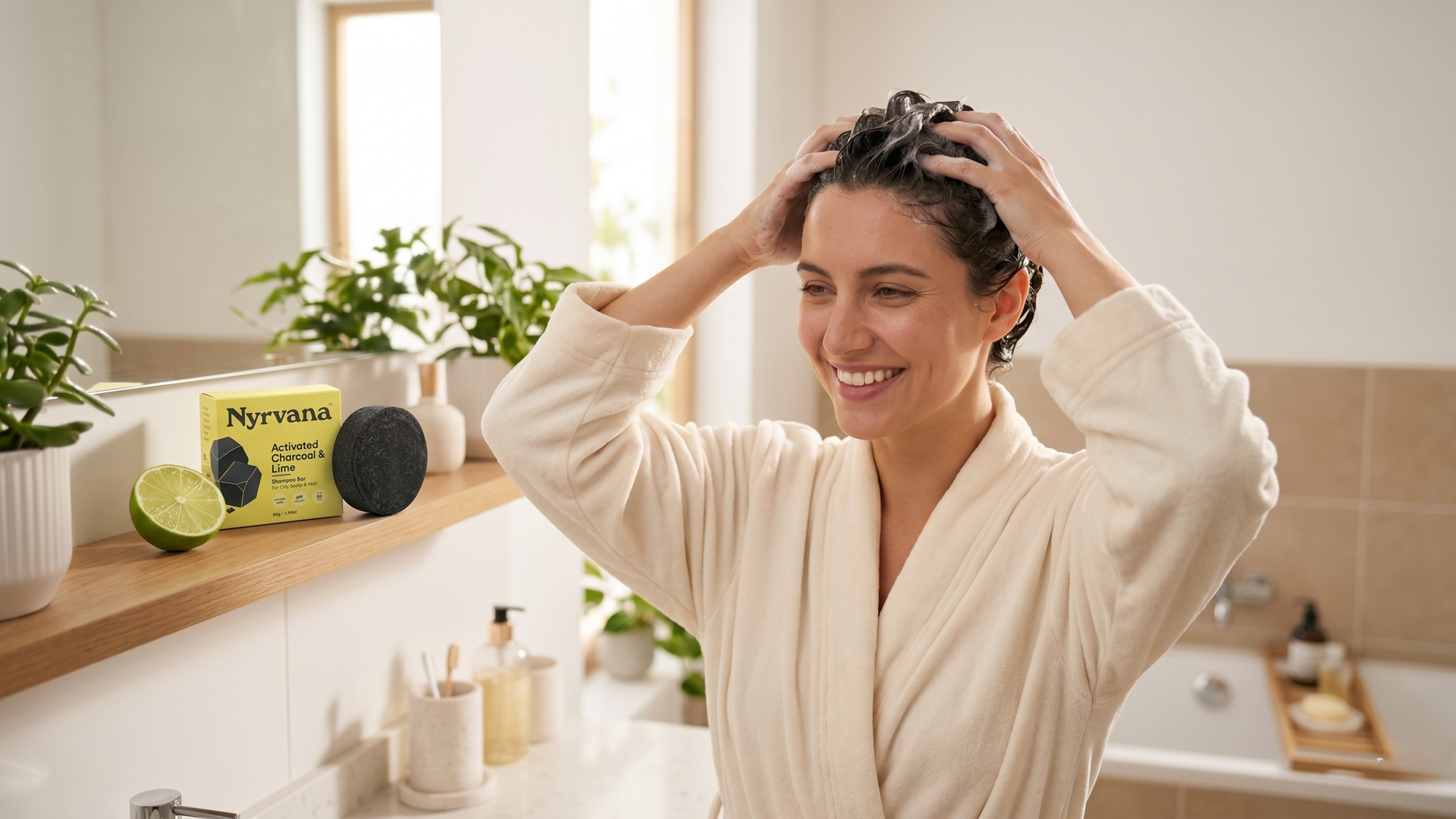 Woman massaging Nyrvana Activated Charcoal and Lime Shampoo Bar into scalp in a modern bathroom — sulphate free scalp detox for oily hair in UAE