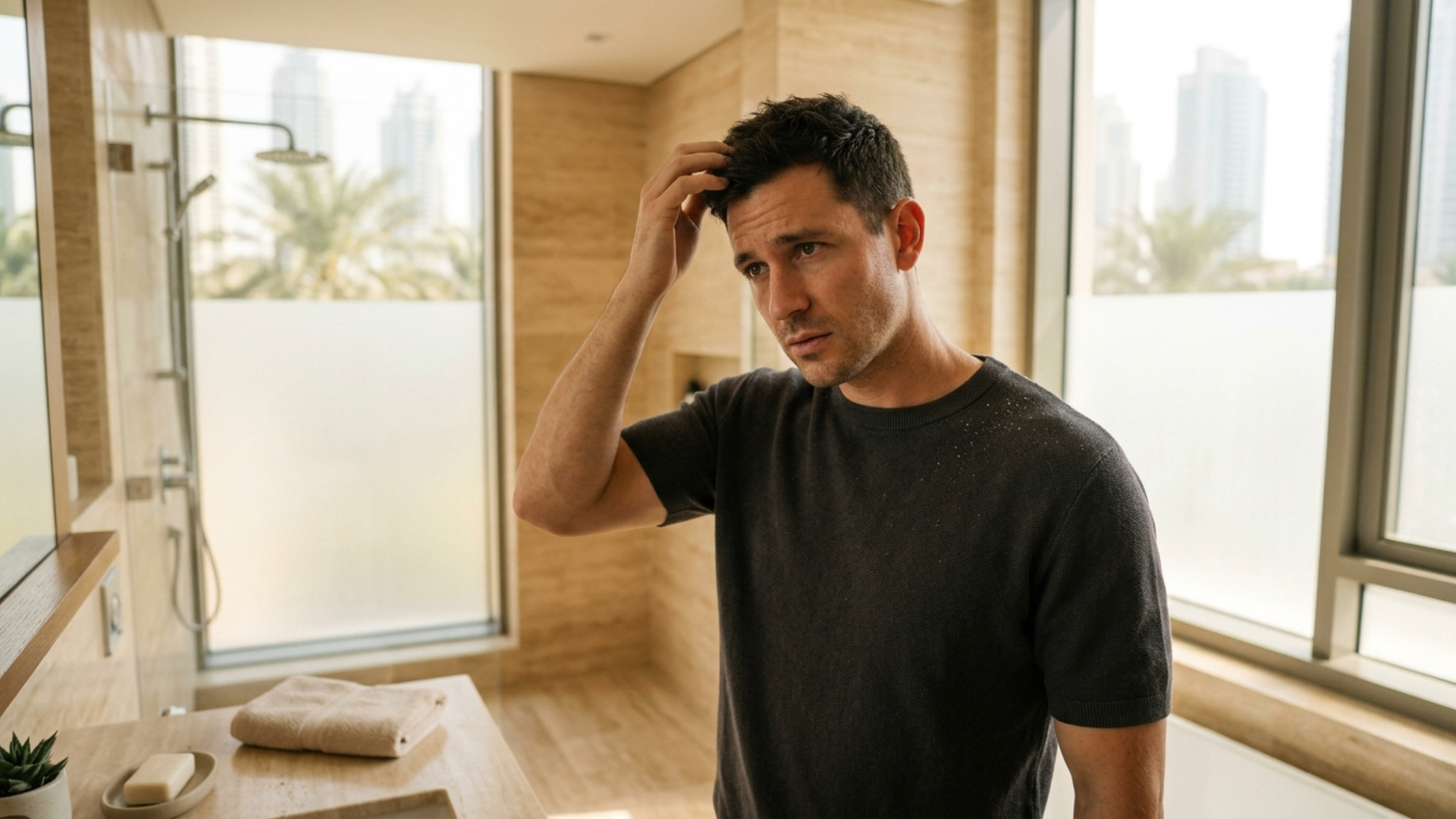 A man with dark hair is shown in a bright modern bathroom, gently touching his scalp with a slightly frustrated and concerned expression. White flakes are subtly visible on his dark top near the shoulders. 