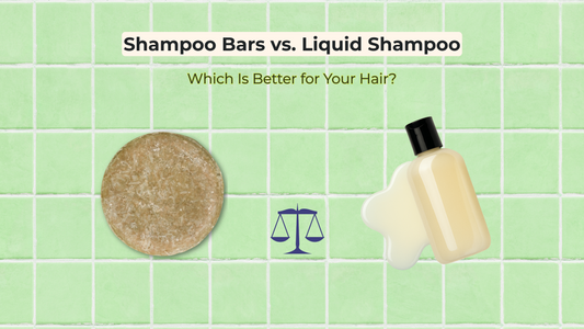 Comparison of a Nyrvana shampoo bar and a liquid shampoo bottle