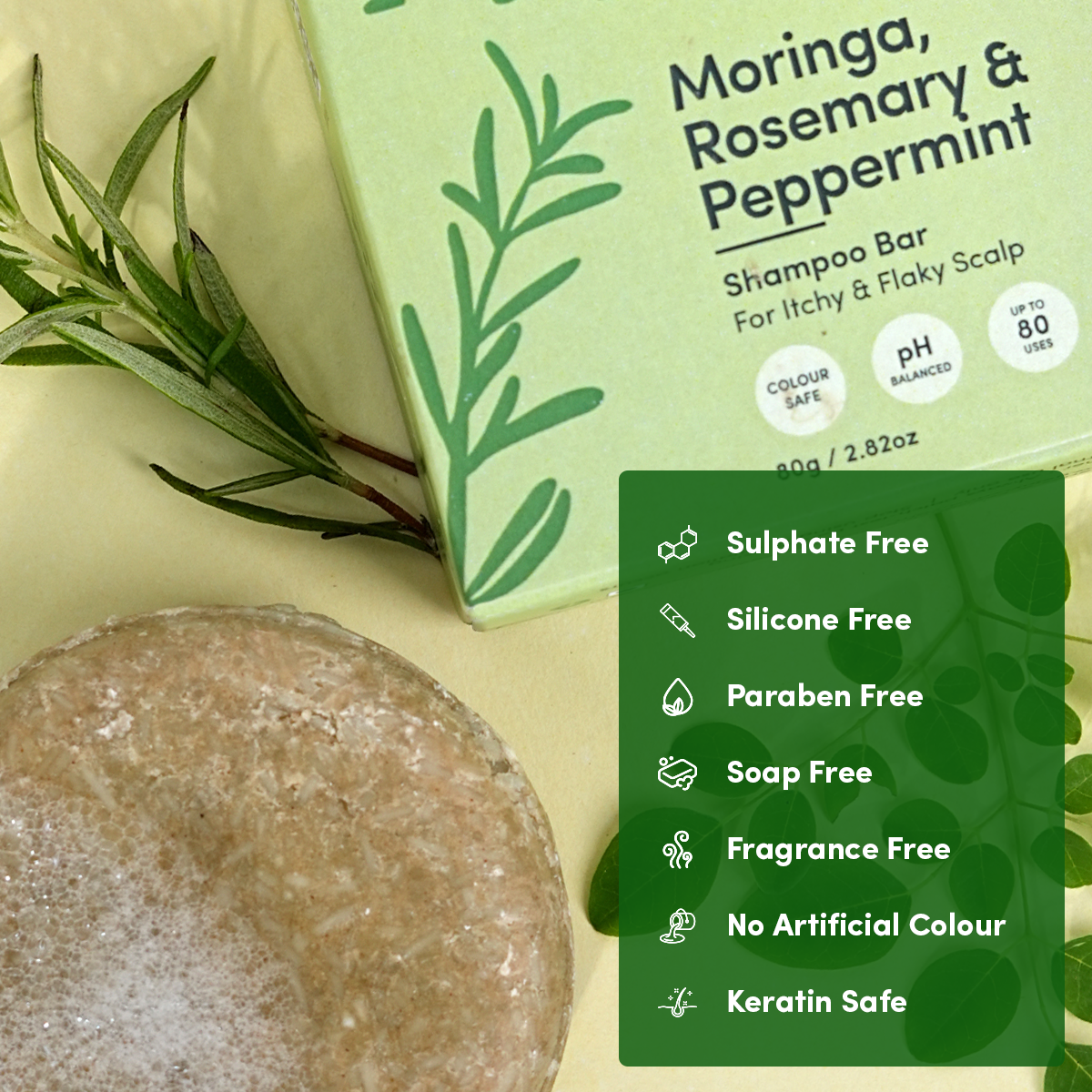 Moringa, Rosemary & Peppermint Shampoo Bar (for Itchy & Flaky Scalp)