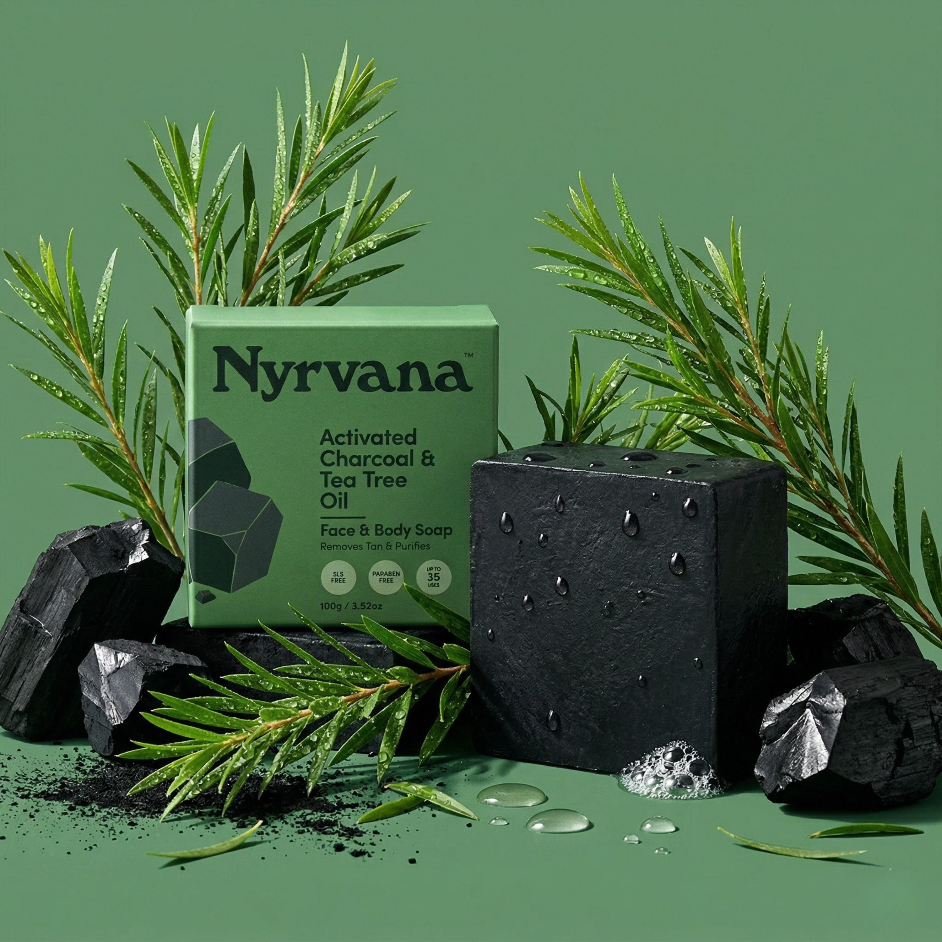 Nyrvana Activated Charcoal Tea Tree Soap 100g with box surrounded by activated charcoal chunks and fresh tea tree sprigs on green background