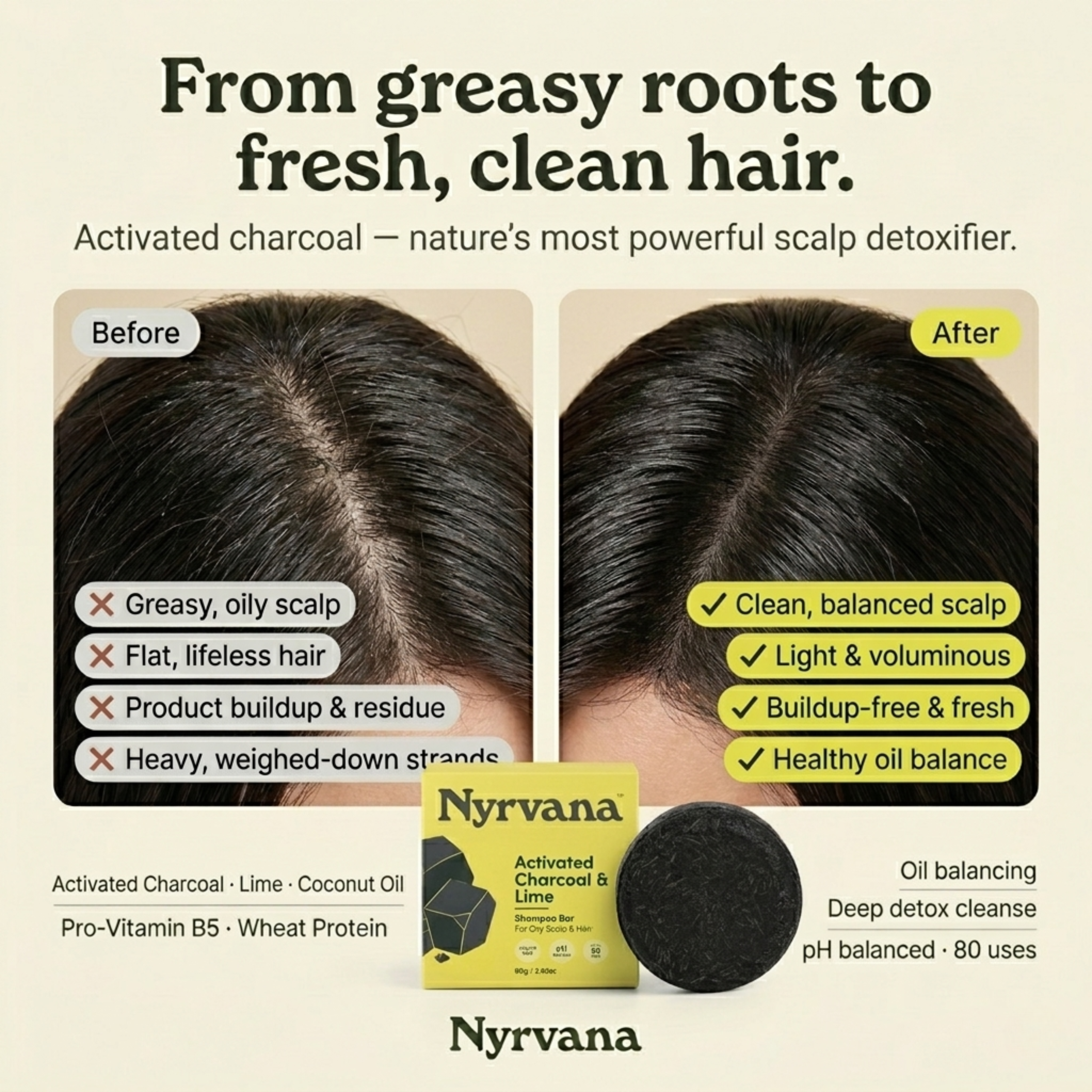 Nyrvana Activated Charcoal Lime Shampoo Bar before and after — greasy oily scalp transformed to clean balanced fresh light hair