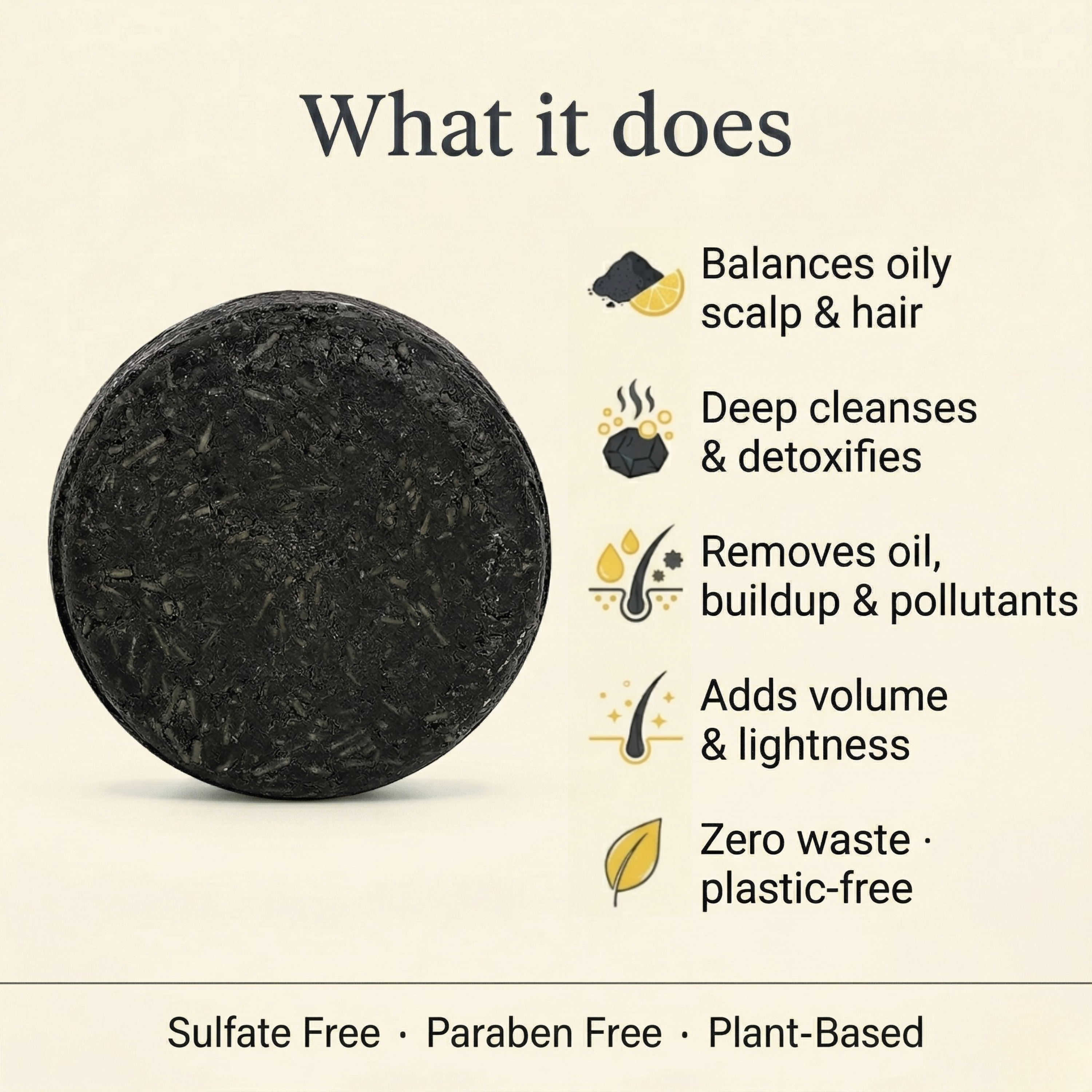 Nyrvana Activated Charcoal Lime Shampoo Bar benefits — balances oily scalp deep cleanses detoxifies removes buildup adds volume