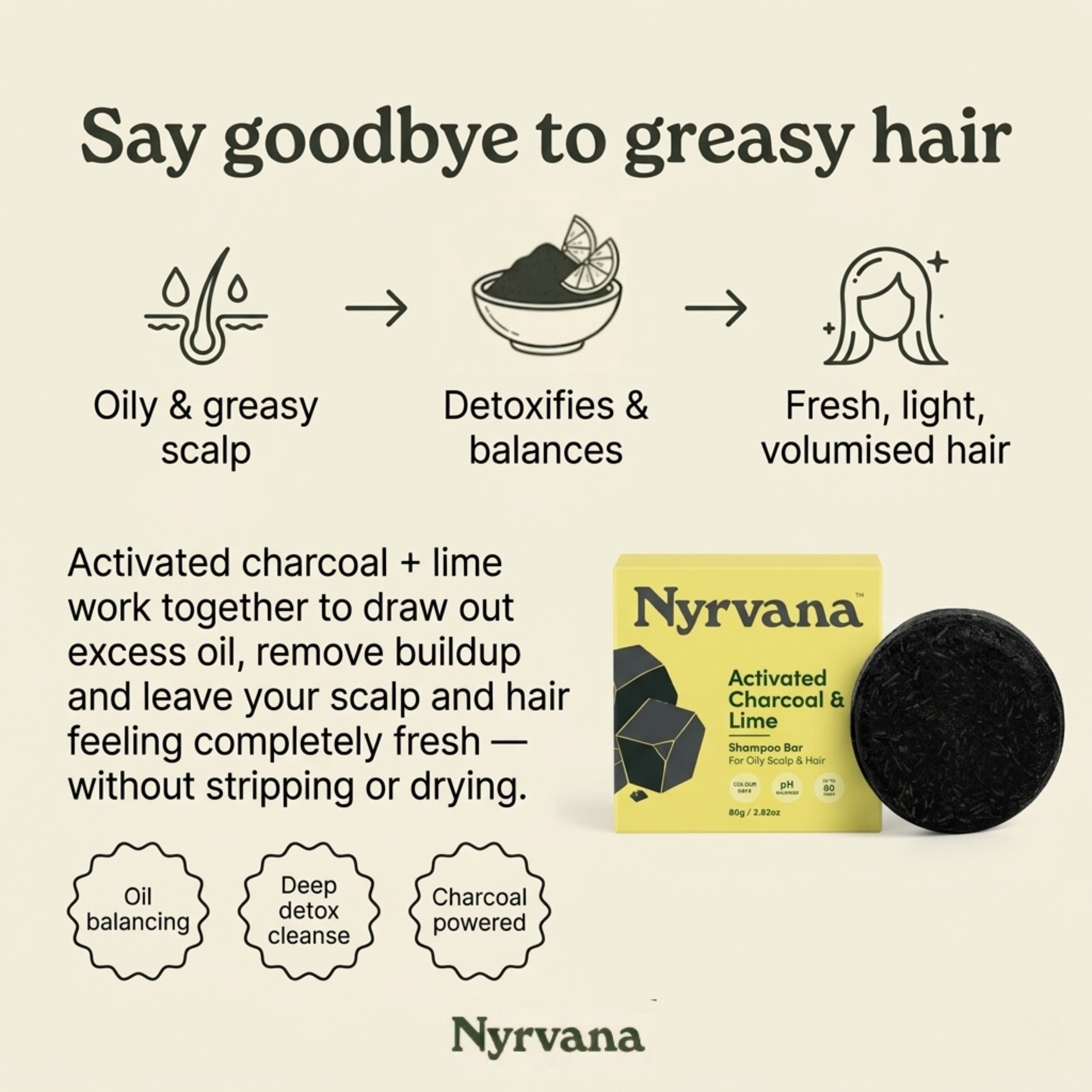 Nyrvana Activated Charcoal Lime Shampoo Bar — detoxifies and balances oily scalp oil balancing deep detox charcoal powered