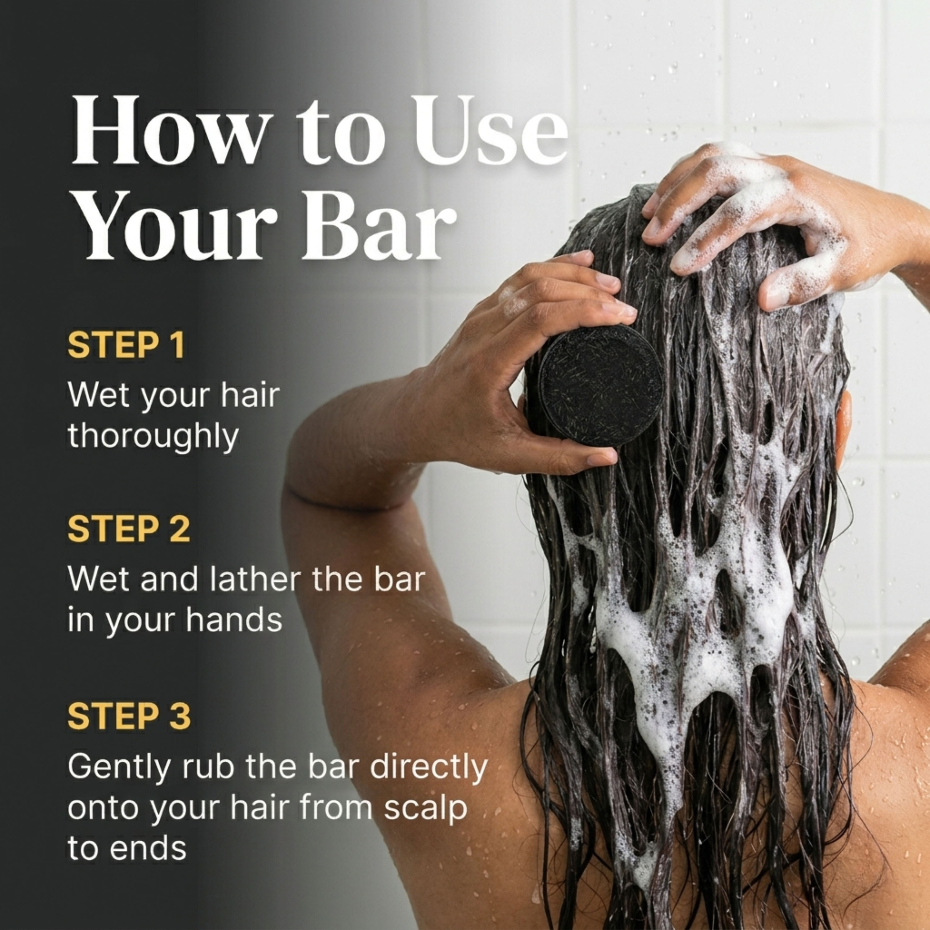 How to use Nyrvana Activated Charcoal Lime Shampoo Bar — wet lather apply scalp to ends rinse oily scalp clarifying