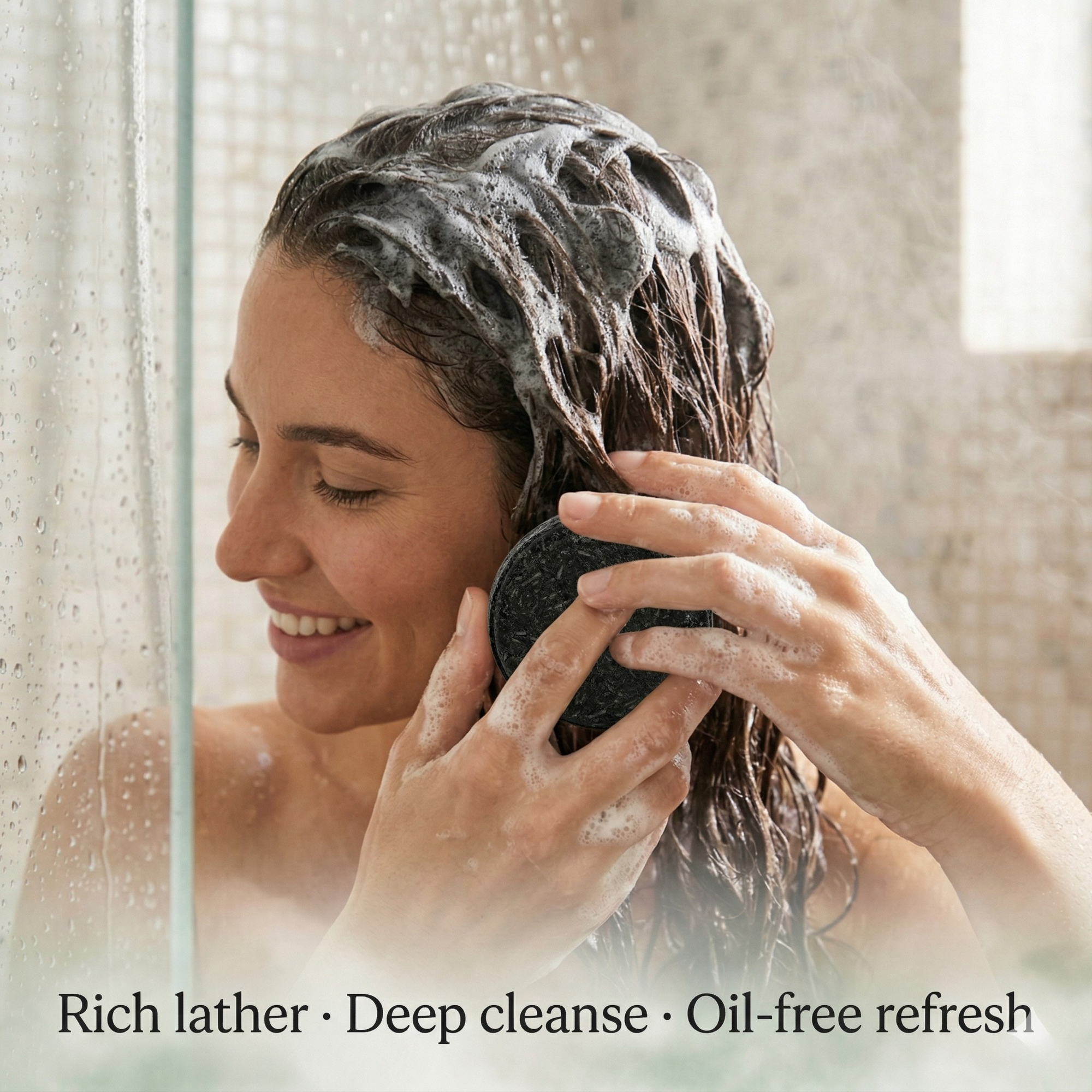 Woman using Nyrvana Activated Charcoal Lime Shampoo Bar in shower — rich lather deep cleanse oil free refresh oily scalp