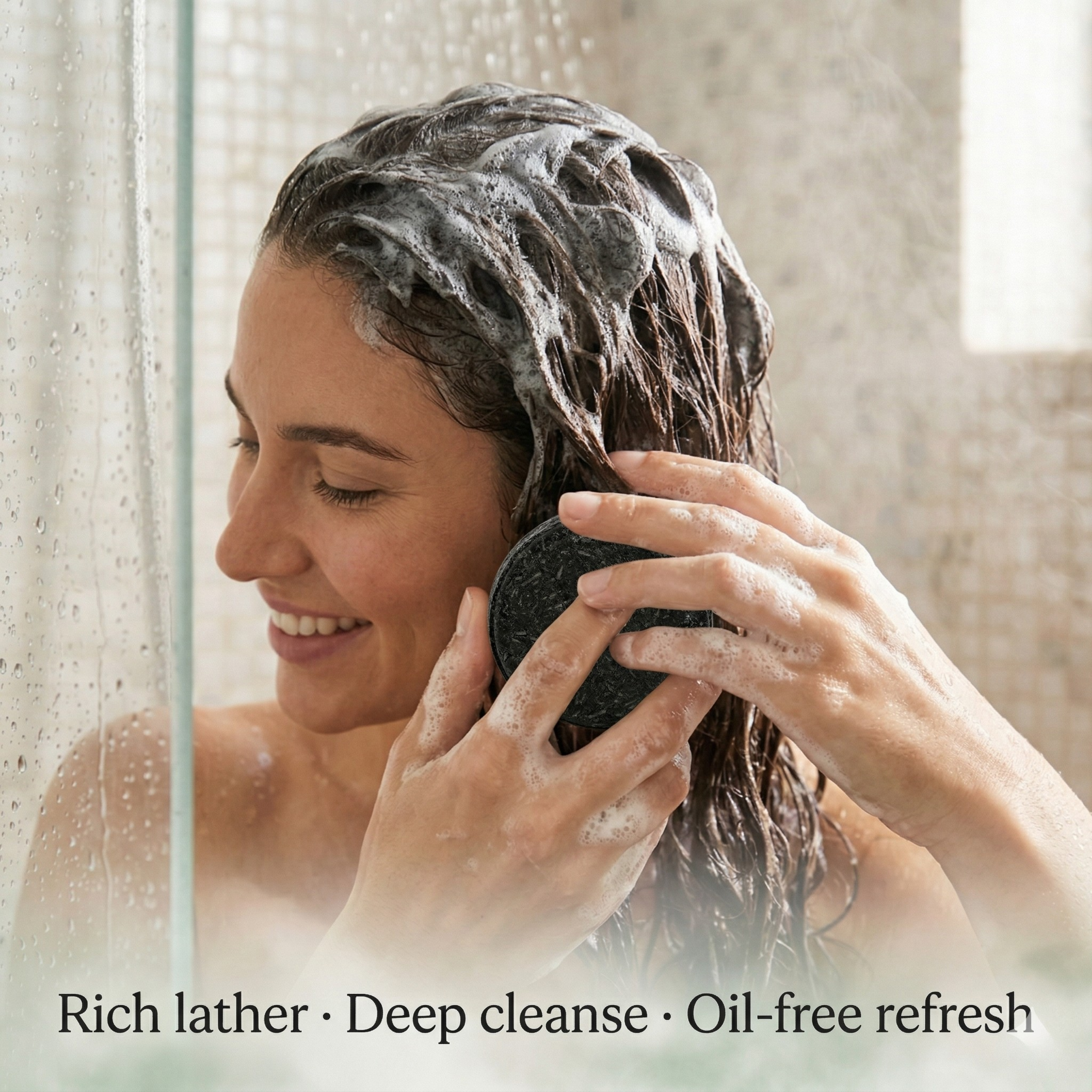 Woman using Nyrvana Activated Charcoal Lime Shampoo Bar in shower — rich lather deep cleanse oil free refresh oily scalp
