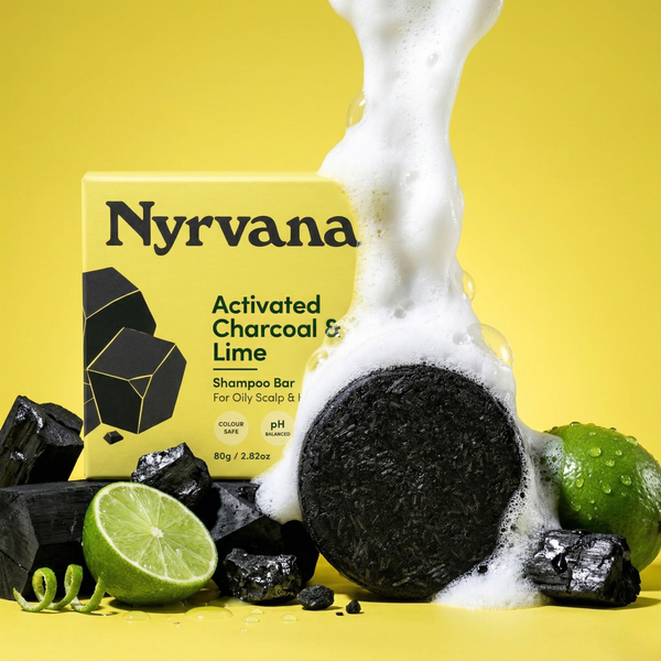 Nyrvana Activated Charcoal Lime Shampoo Bar with activated charcoal pieces and fresh lime rich lather sulphate free