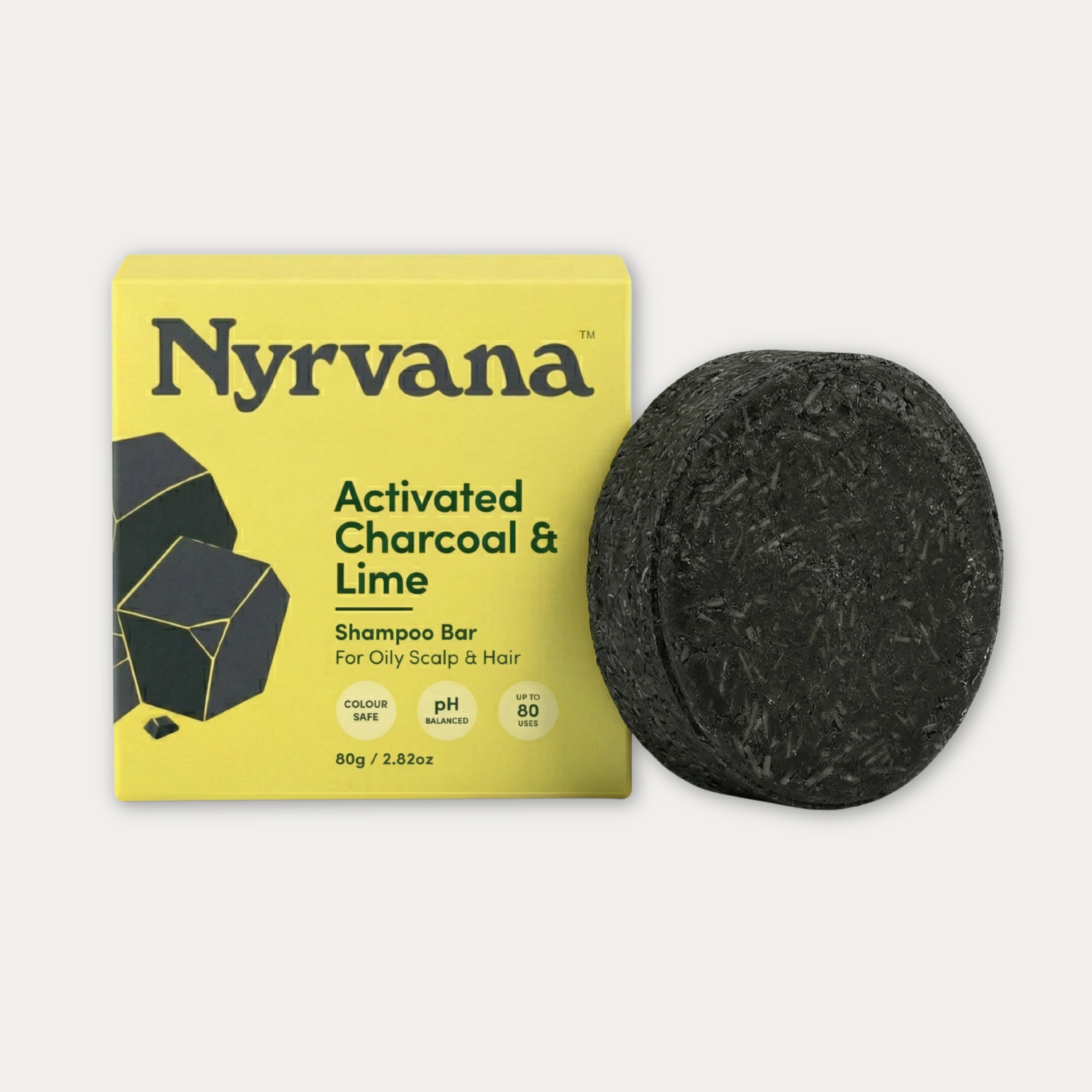 Nyrvana Activated Charcoal Lime Shampoo Bar for oily scalp and hair sulphate free pH balanced 80 uses