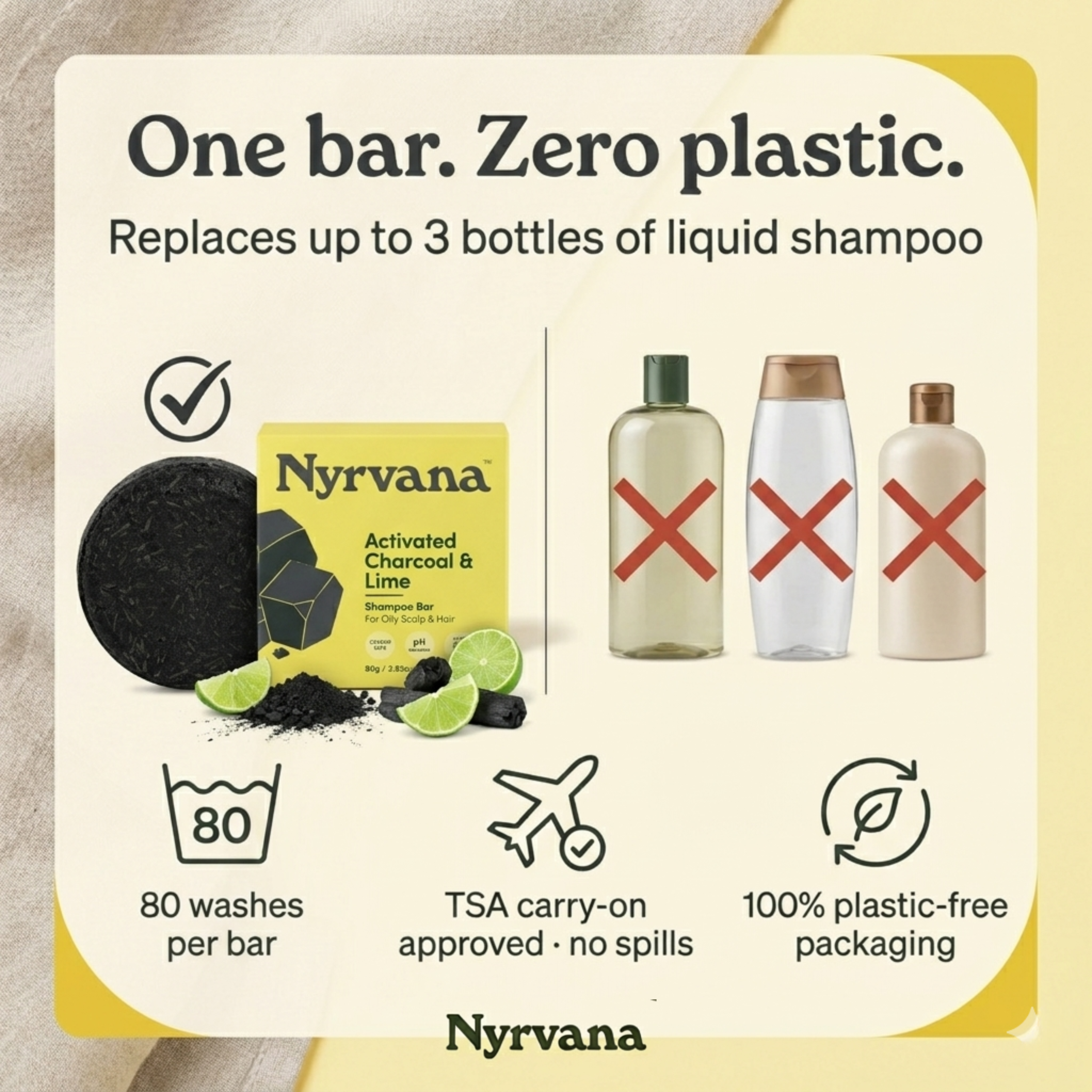 Nyrvana Activated Charcoal Lime Shampoo Bar — 80 washes zero plastic replaces 3 bottles travel friendly plastic free