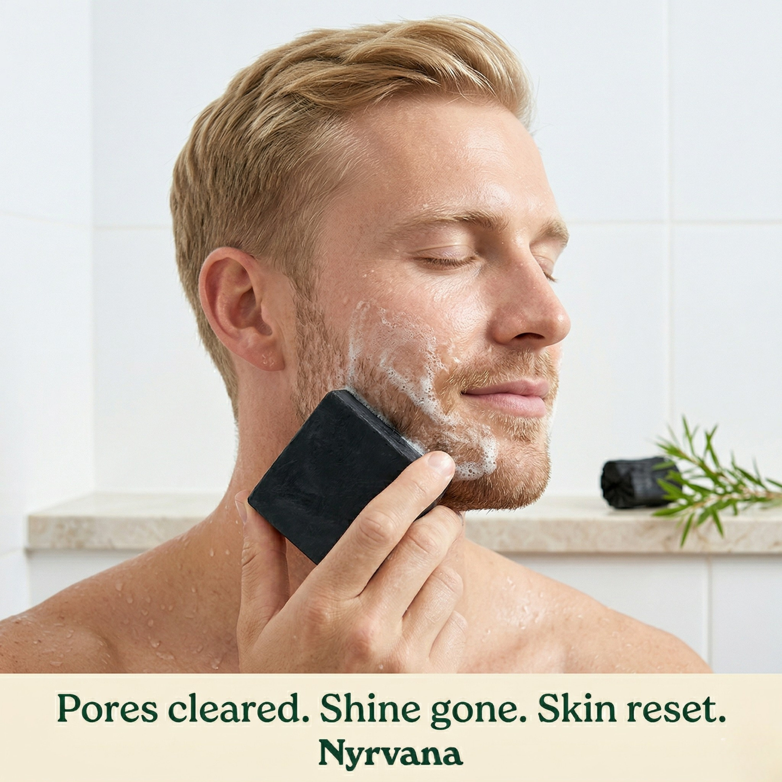 Man lathering Nyrvana Activated Charcoal Tea Tree Soap on face and jaw with tea tree sprig in background