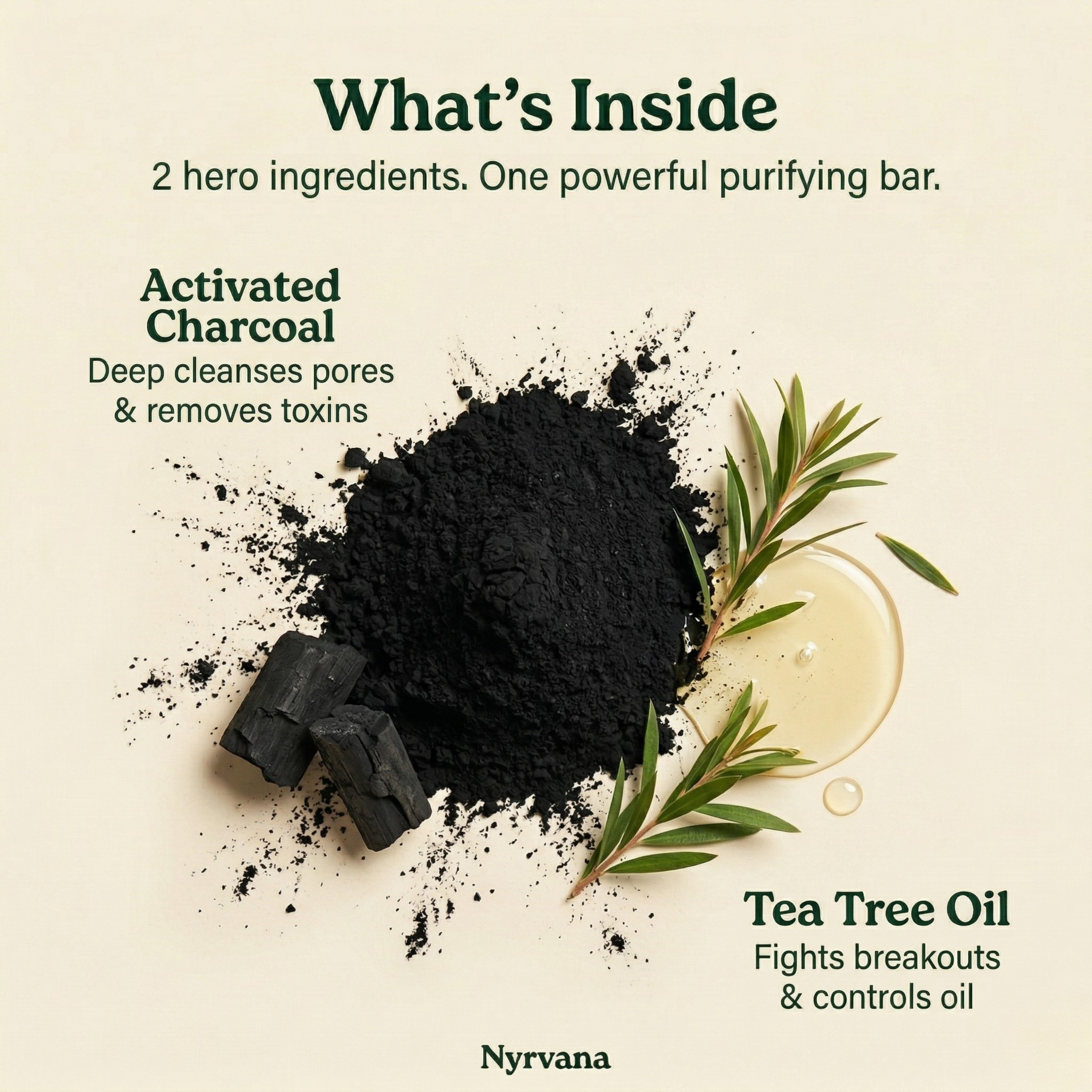 Flat lay of activated charcoal powder chunks and tea tree oil sprig showing the two hero ingredients inside Nyrvana Charcoal Soap with benefit labels
