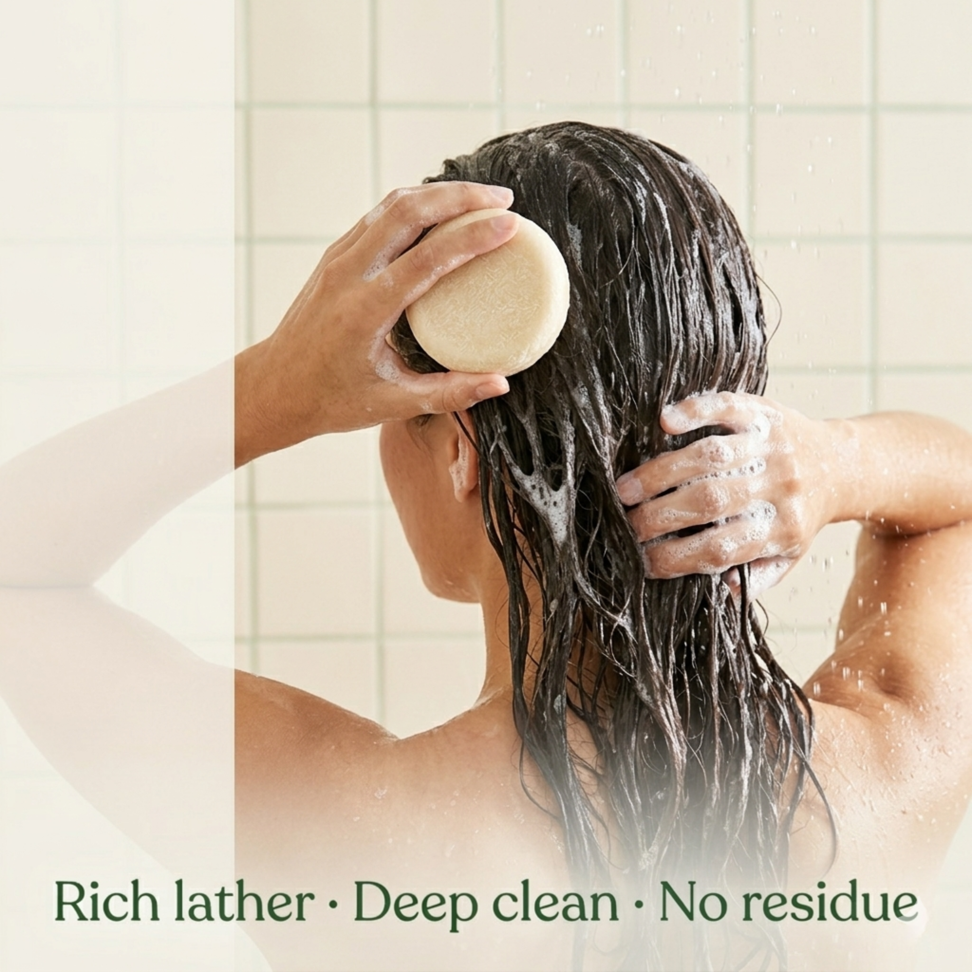 Woman using Nyrvana Argan Oil Lemongrass Shampoo Bar in shower — rich lather deep clean no residue weak dull hair