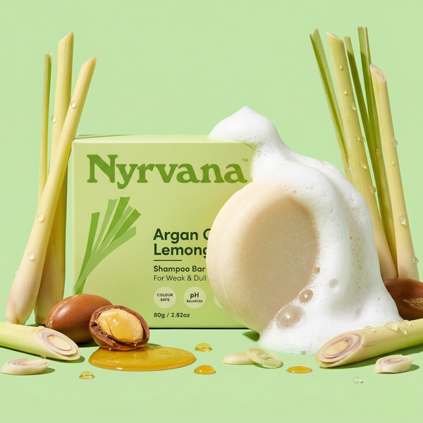 Nyrvana Argan Oil Lemongrass Shampoo Bar with fresh lemongrass stalks and argan nuts rich lather sulphate free