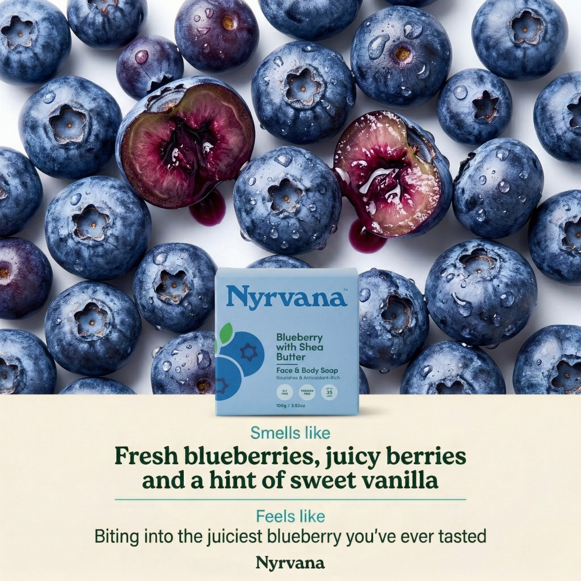 Nyrvana Blueberry Shea Butter Soap box on flat lay of fresh blueberries with scent description fresh blueberries juicy berries and sweet vanilla