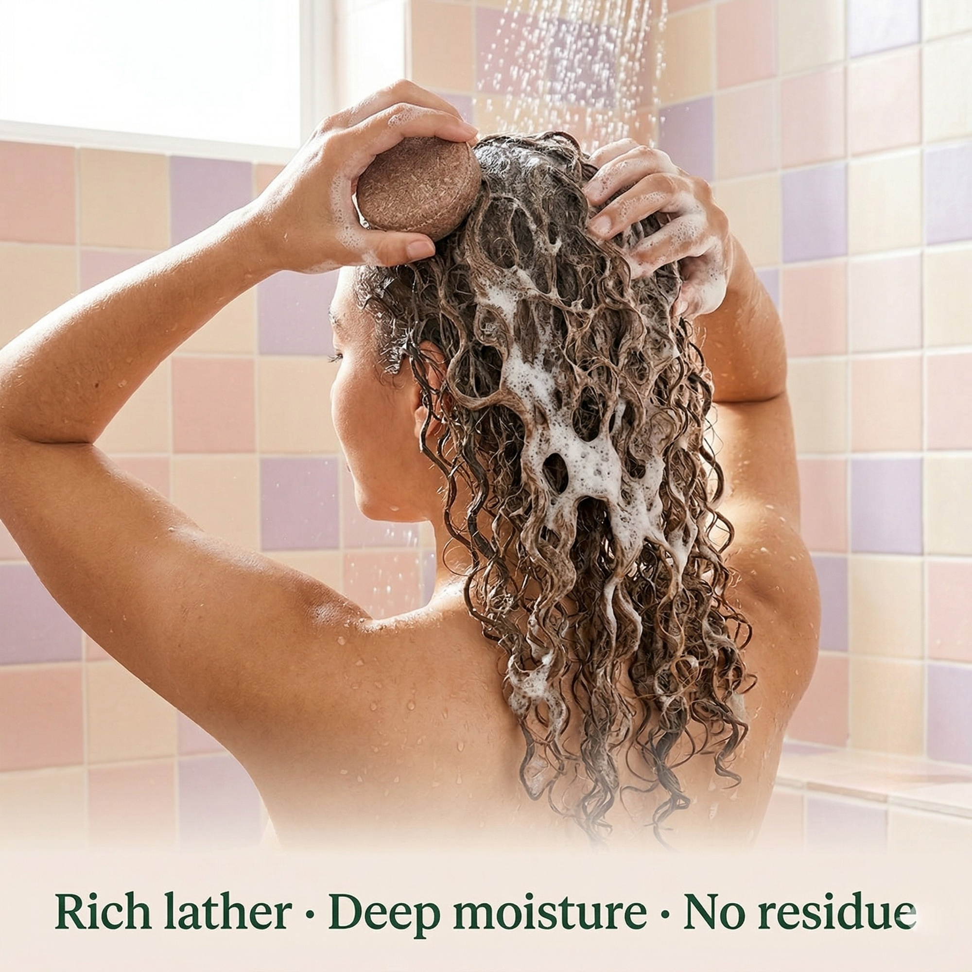 Woman using Nyrvana Hibiscus Lavender Shampoo Bar in shower — rich lather deep moisture no residue for curly hair
