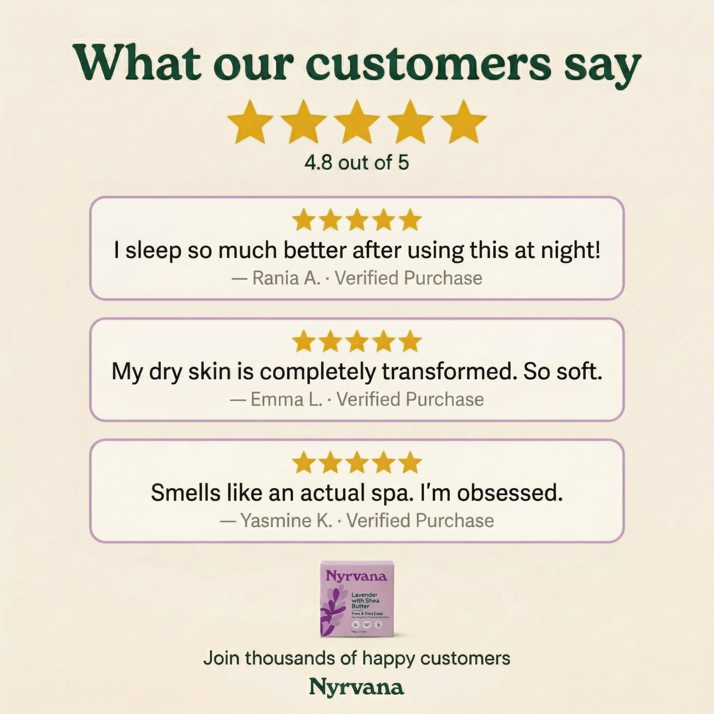 Nyrvana Lavender Shea Butter Soap customer reviews 4.8 out of 5 stars relaxing moisturising sleep dry skin transformation verified purchases