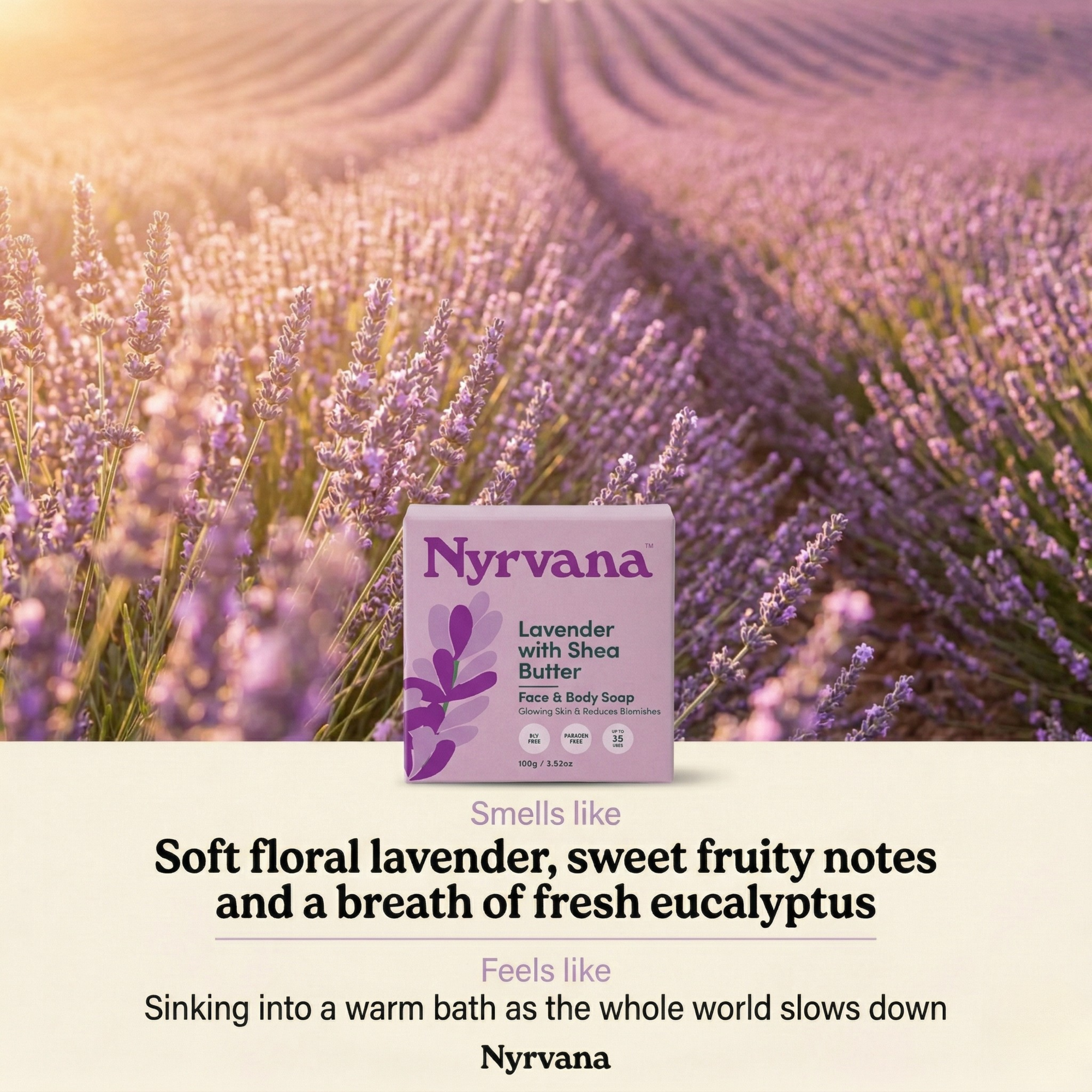 Nyrvana Lavender Shea Butter Soap box in lavender field smells like soft floral lavender sweet fruity notes fresh eucalyptus