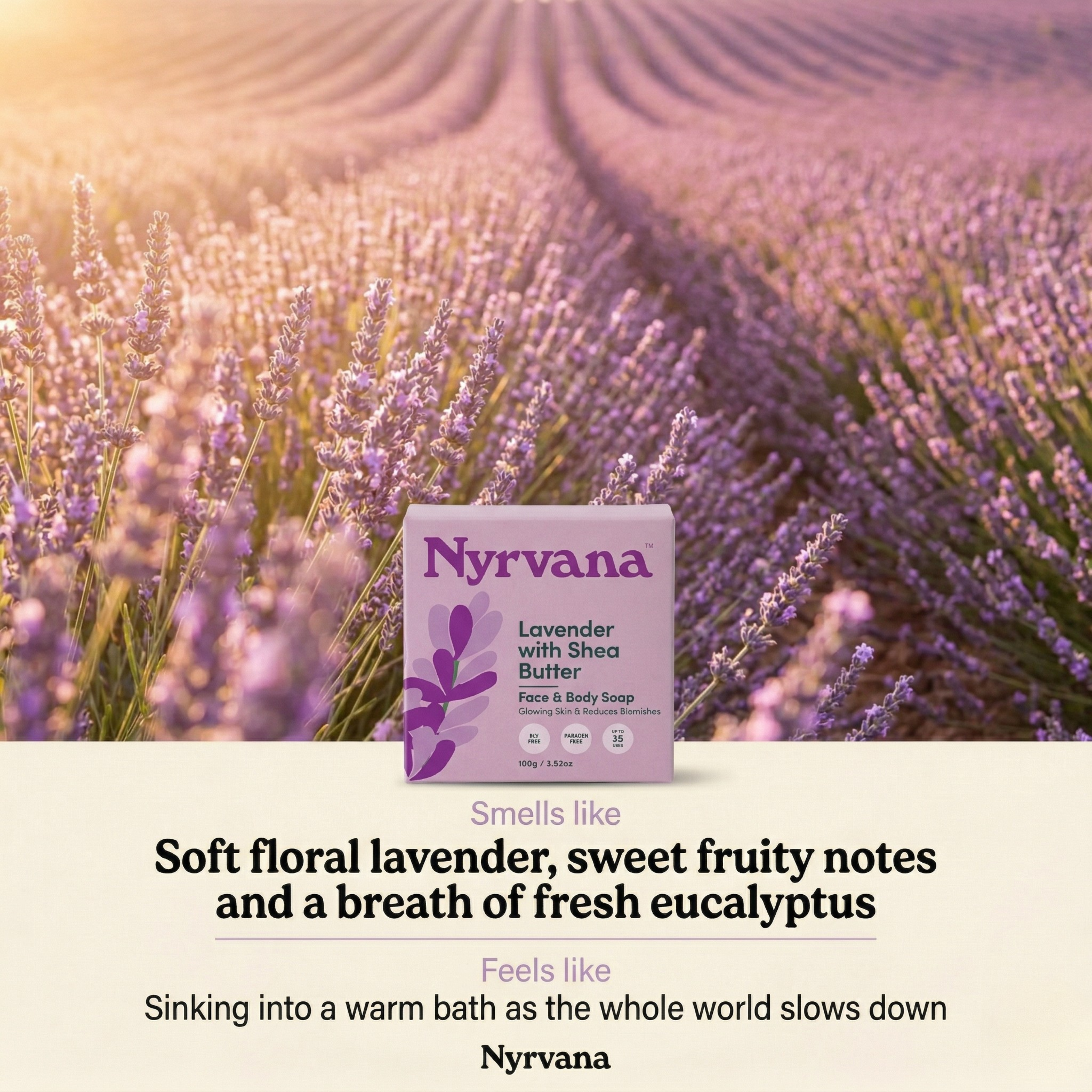 Nyrvana Lavender Shea Butter Soap box in lavender field smells like soft floral lavender sweet fruity notes fresh eucalyptus