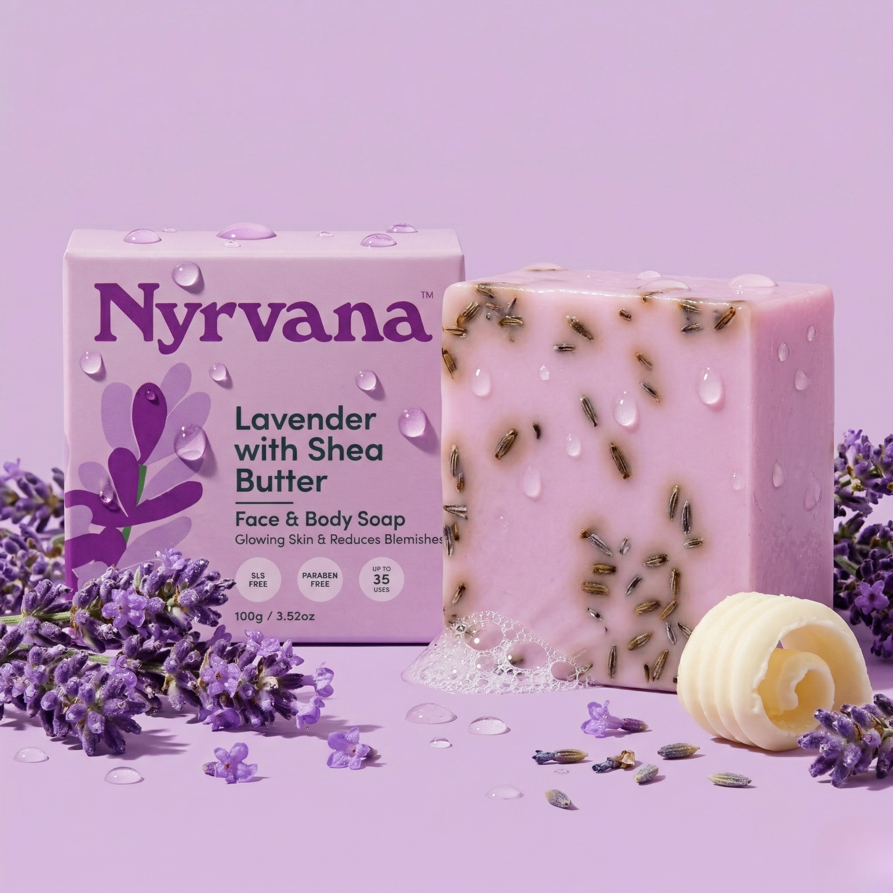 Nyrvana Lavender Shea Butter Soap bar with fresh lavender flowers and shea butter curl on purple background