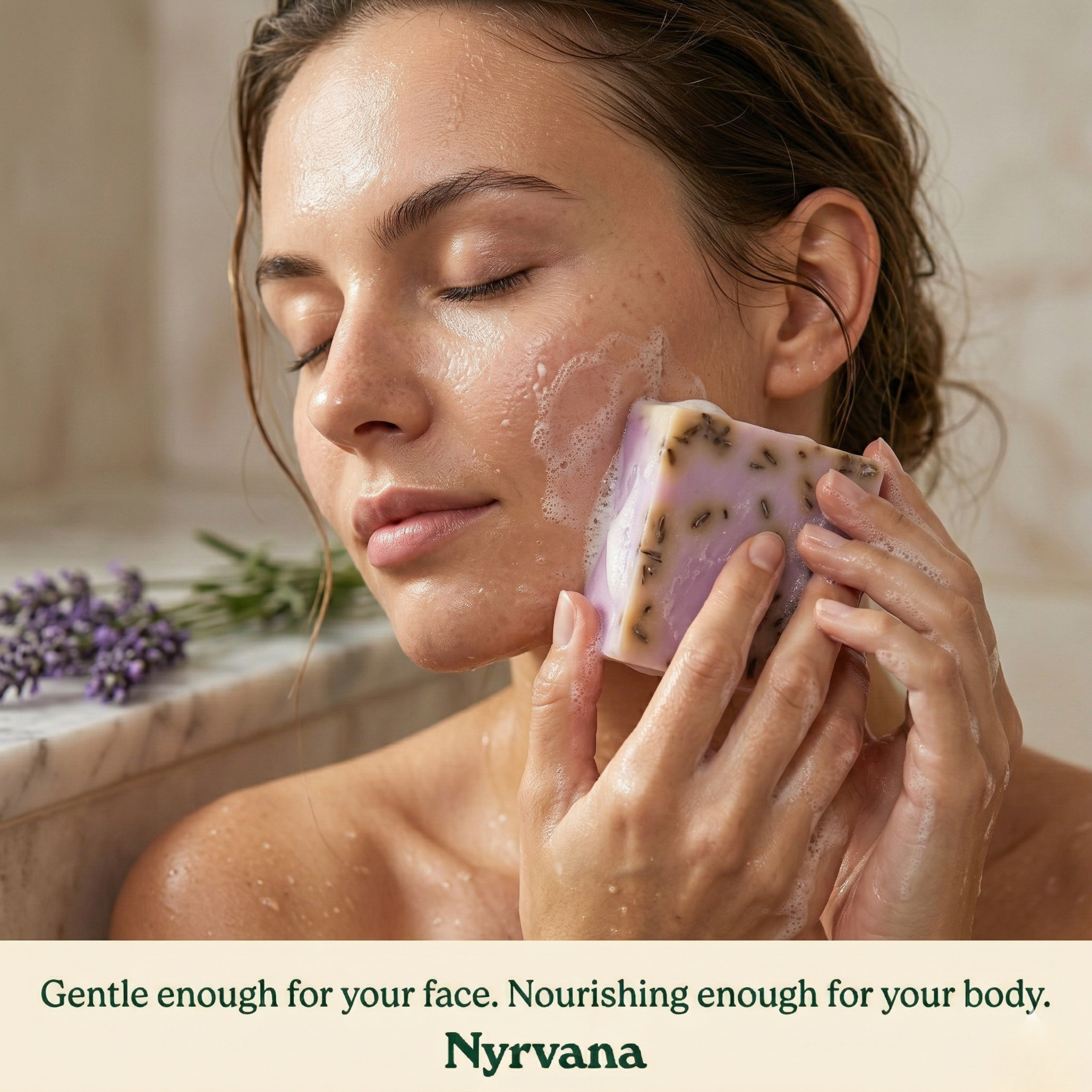 Woman applying Nyrvana Lavender Shea Butter Soap to face in bath gentle enough for face nourishing enough for body
