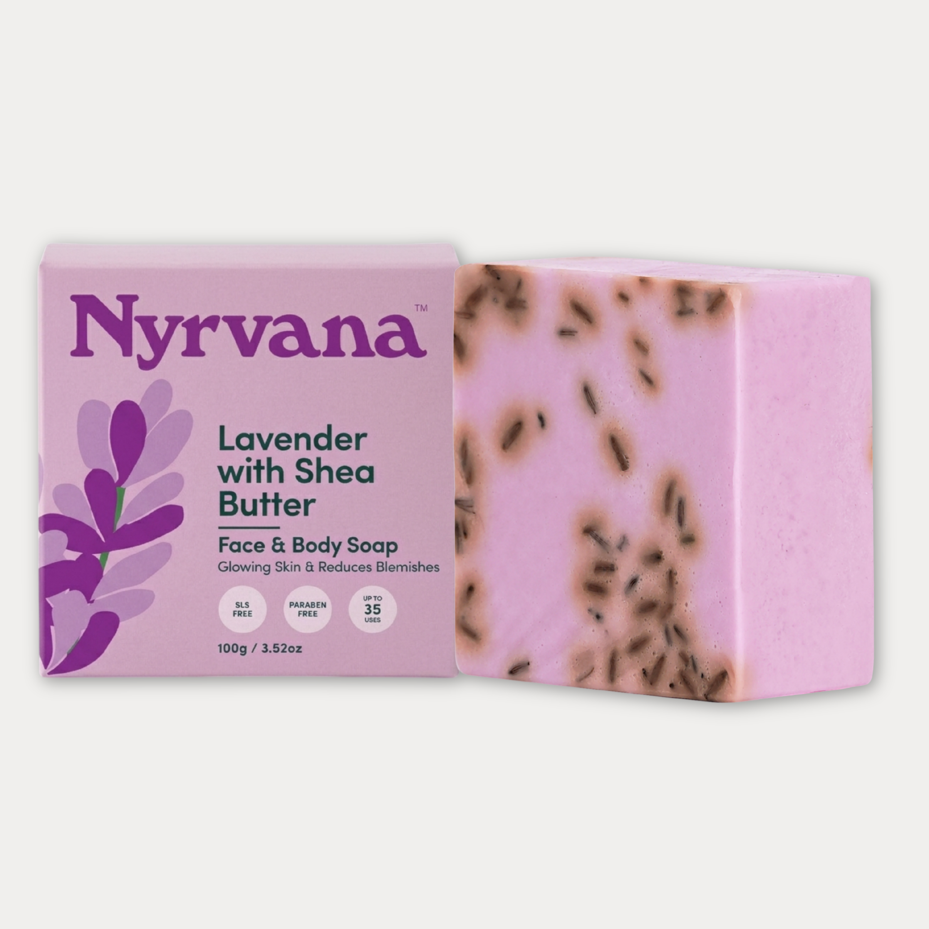 Nyrvana Lavender with Shea Butter Face and Body Soap 100g purple bar with lavender buds and box SLS free paraben free