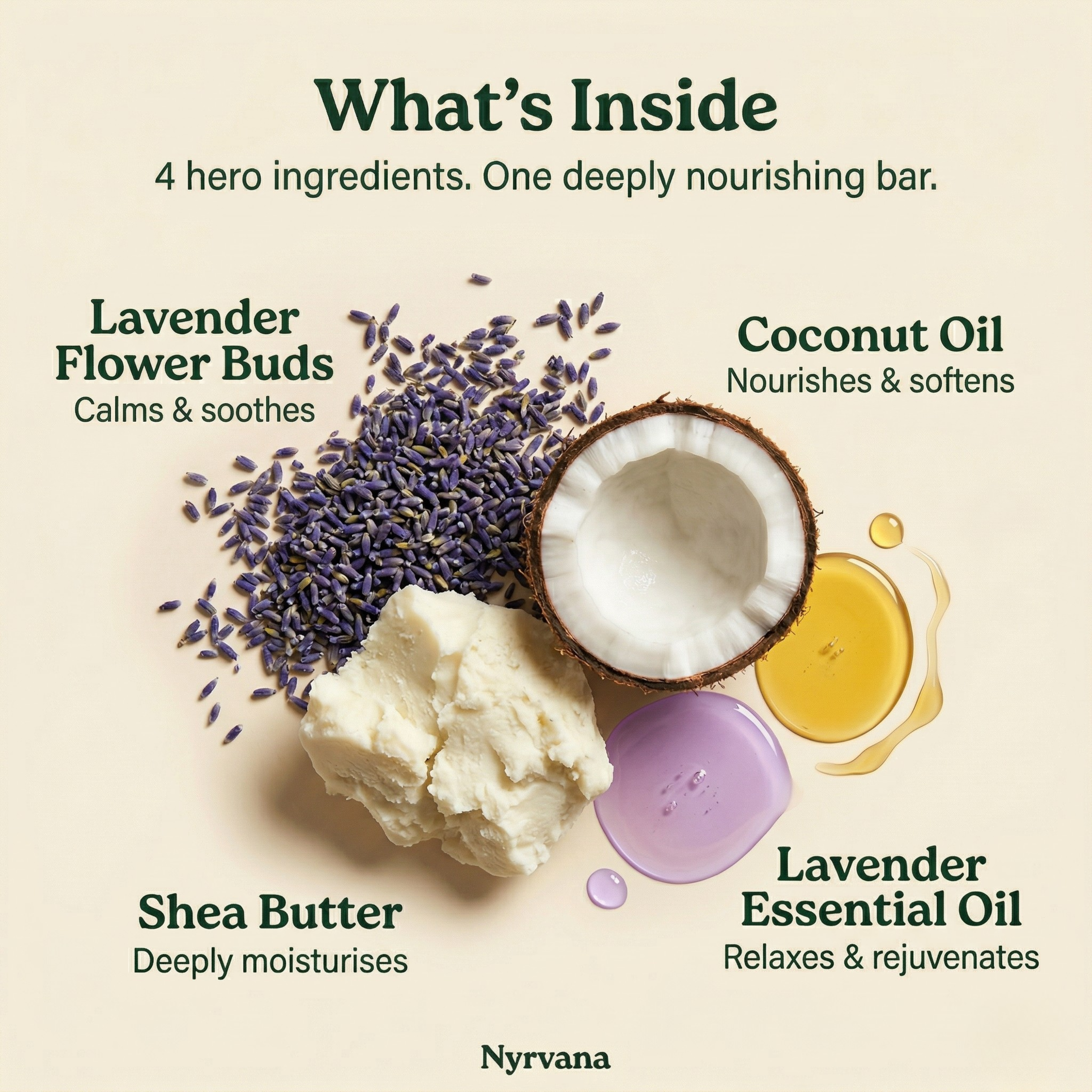 Nyrvana Lavender Shea Butter Soap hero ingredients lavender flower buds shea butter coconut oil and lavender essential oil flatlay