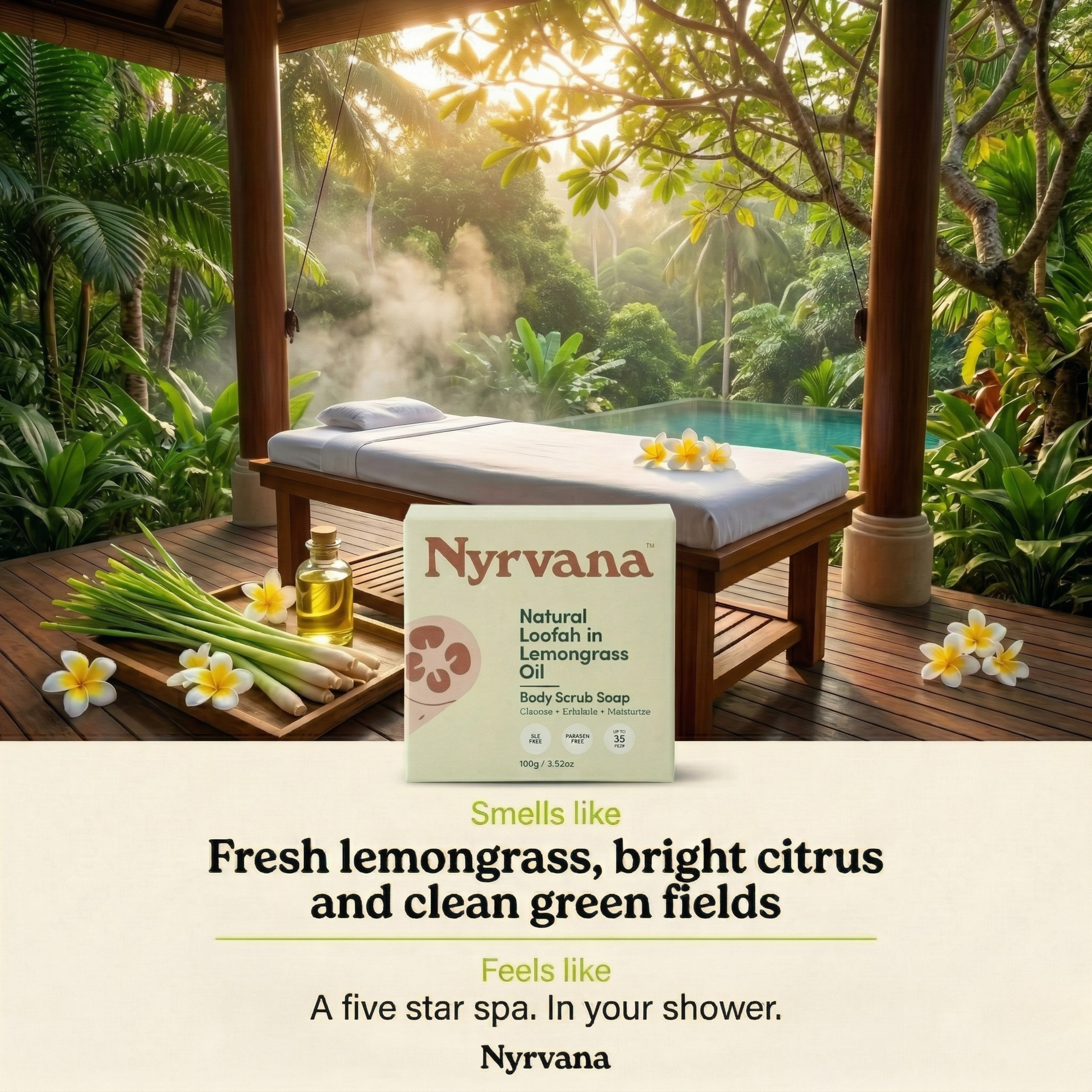 Nyrvana Loofah Lemongrass Scrub Soap box on wooden spa table with lemongrass stalks and frangipani flowers in tropical jungle setting