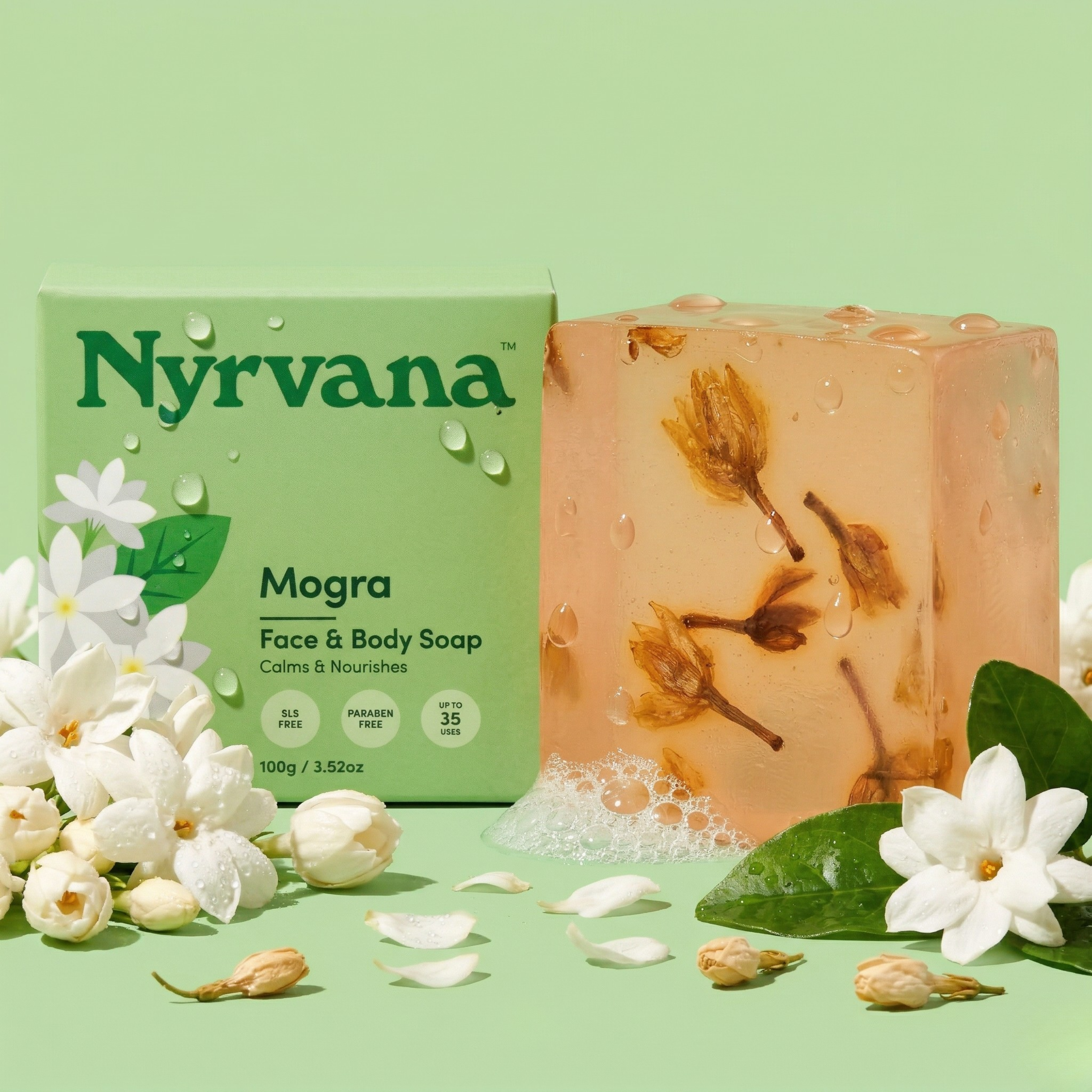 Nyrvana Mogra Soap 100g with box surrounded by fresh white mogra jasmine flowers and green leaves on green background with water droplets