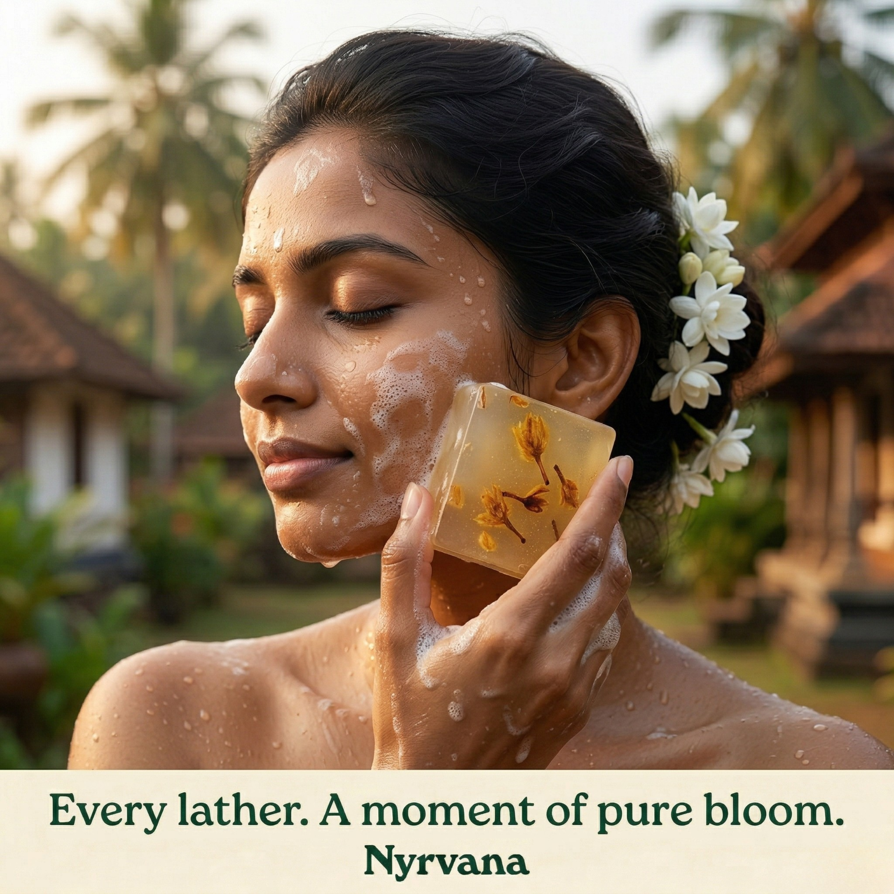 Woman with mogra flowers in hair lathering Nyrvana Mogra Soap on face with eyes closed in warm Kerala outdoor setting