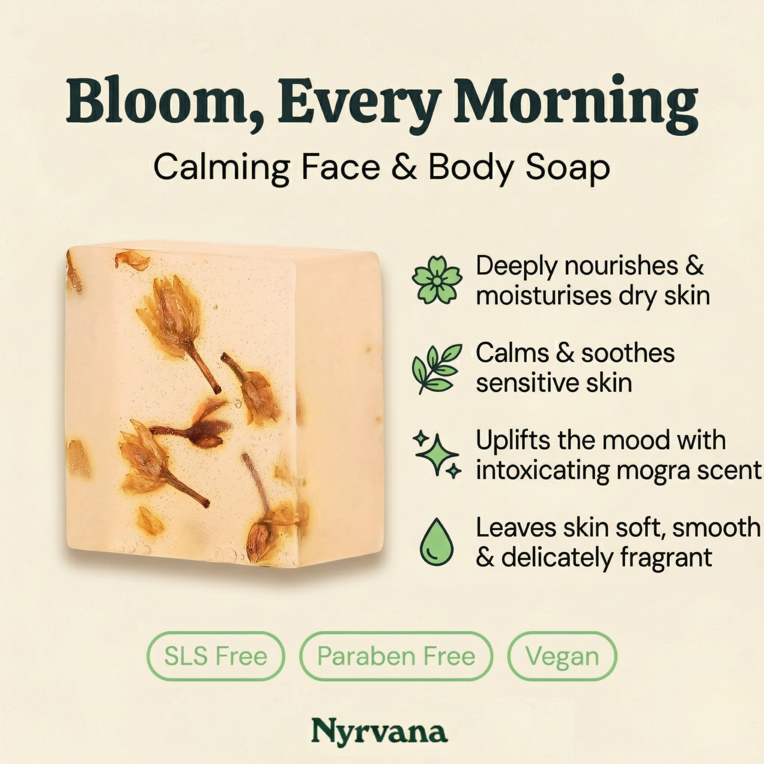 Nyrvana Mogra Soap infographic showing four benefits including nourishing calming mood uplifting and soft smooth skin SLS free paraben free vegan
