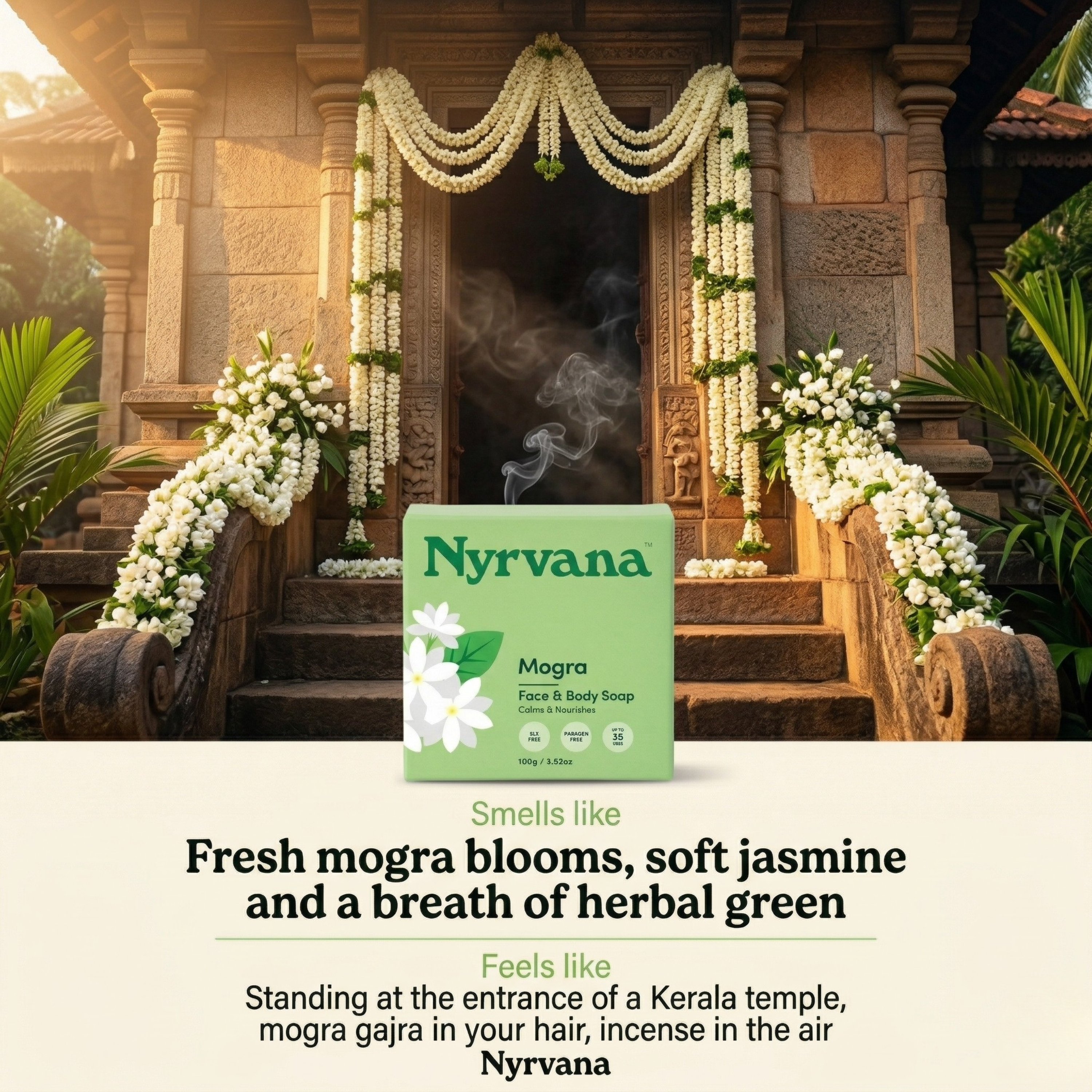 Nyrvana Mogra Soap box at entrance of Kerala temple decorated with white mogra jasmine garlands in warm golden light