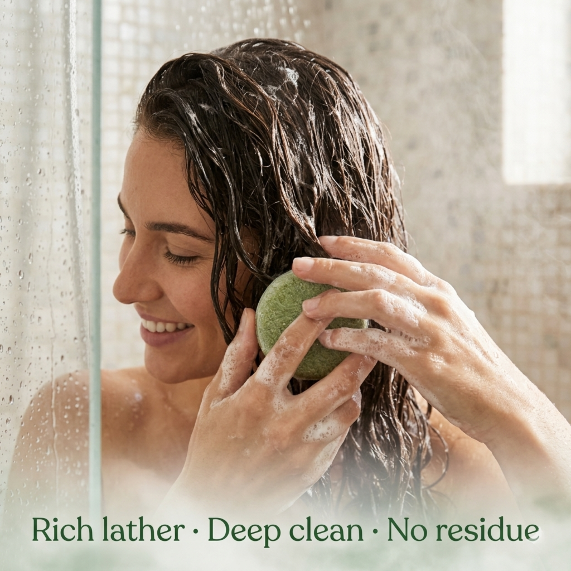 Woman using Nyrvana Moringa Rosemary Peppermint Shampoo Bar in shower — rich lather deep clean no residue itchy scalp relief