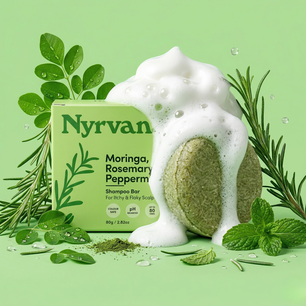 Nyrvana Moringa Rosemary Peppermint Shampoo Bar with fresh moringa rosemary and peppermint ingredients rich lather sulphate free