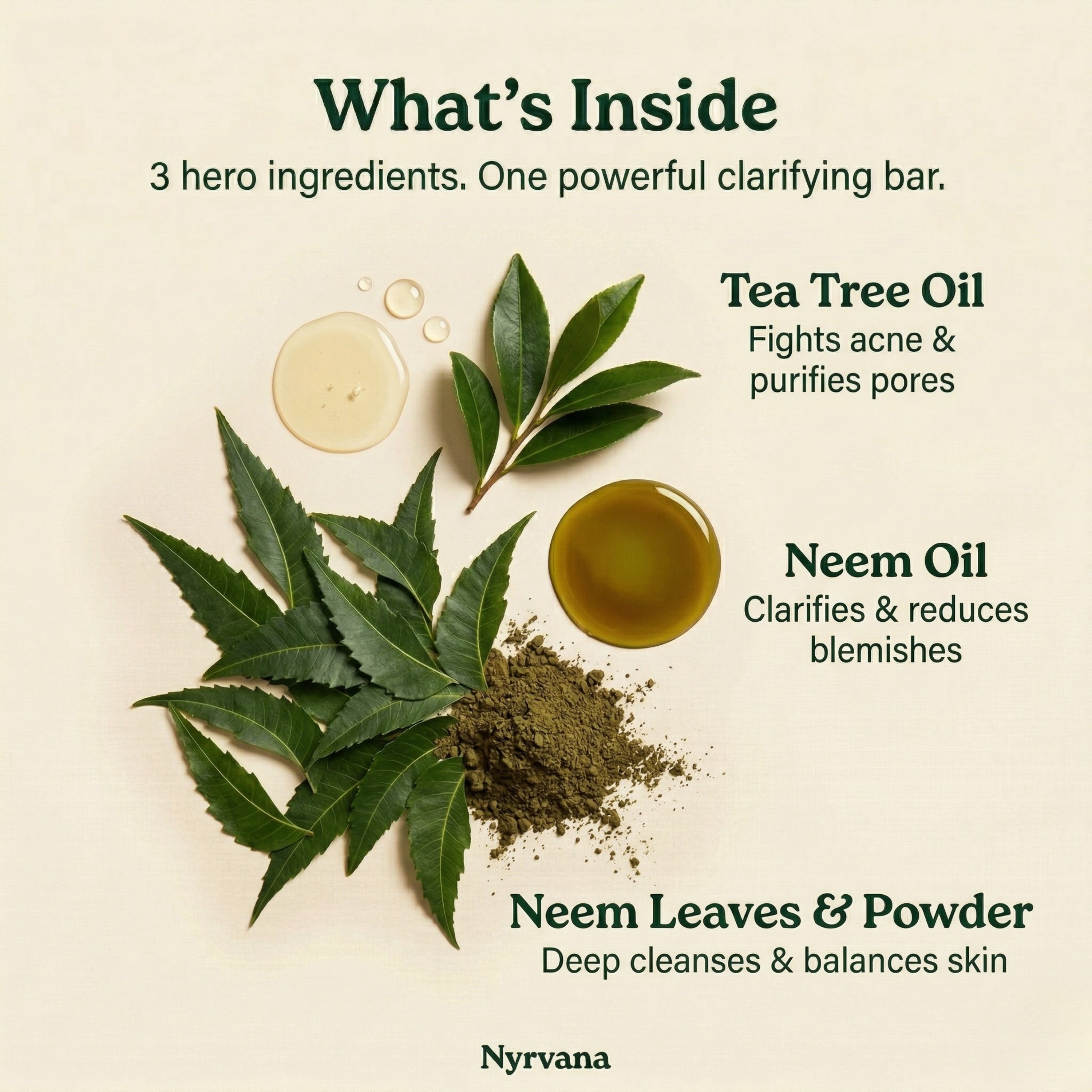 Flat lay of Nyrvana Neem Soap ingredients including neem leaves neem powder neem oil and tea tree oil with benefit labels