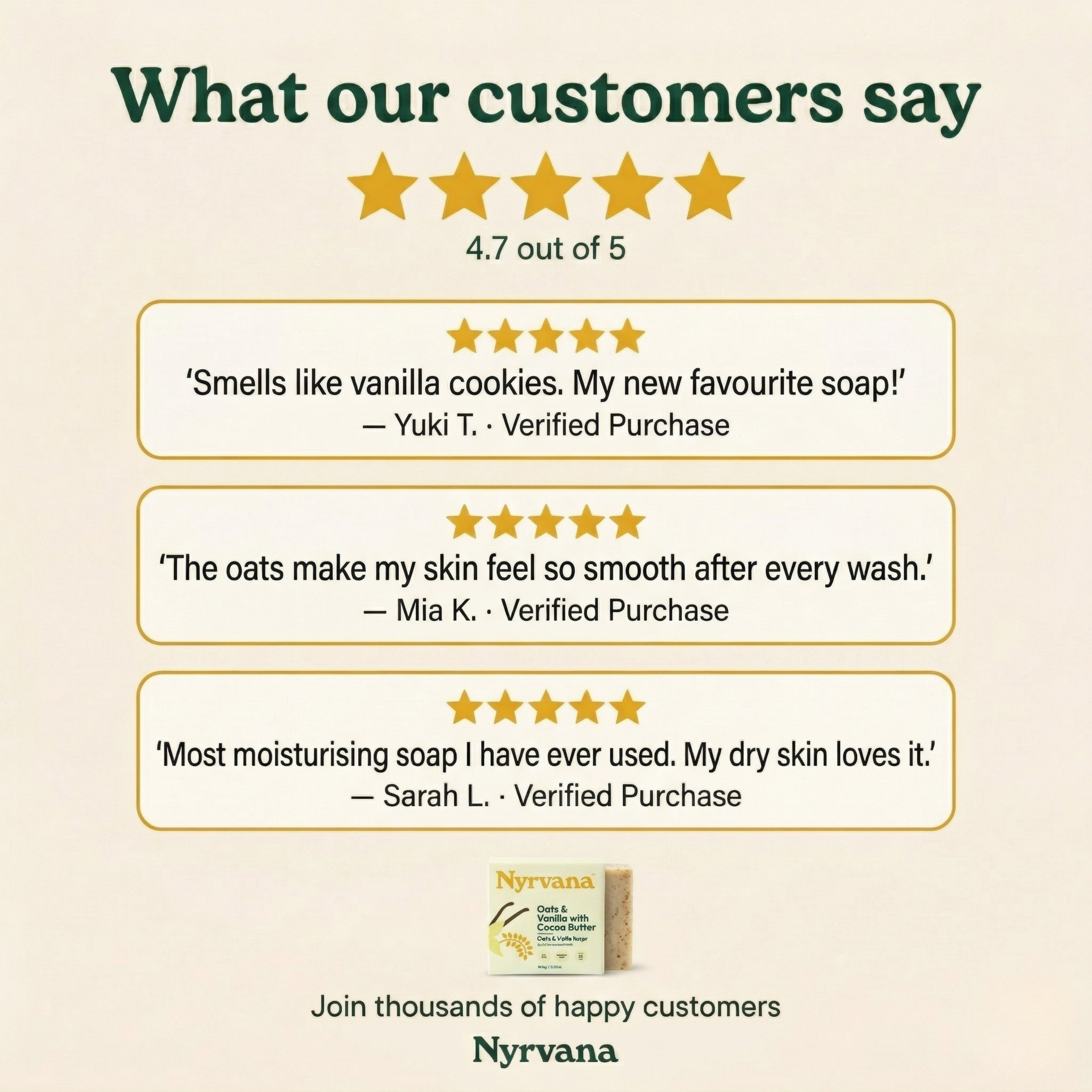 Nyrvana Oats Vanilla Cocoa Butter Soap customer reviews 4.7 out of 5 stars exfoliating moisturising softening verified purchases