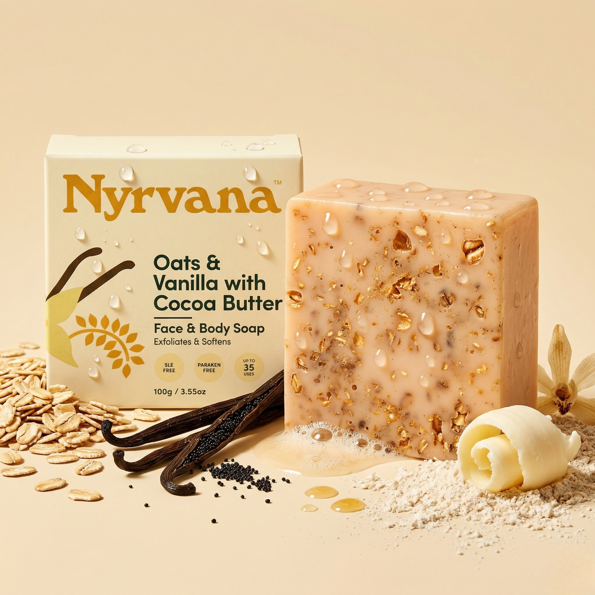 Nyrvana Oats Vanilla Cocoa Butter Soap bar with rolled oats vanilla pods and cocoa butter ingredients on cream background