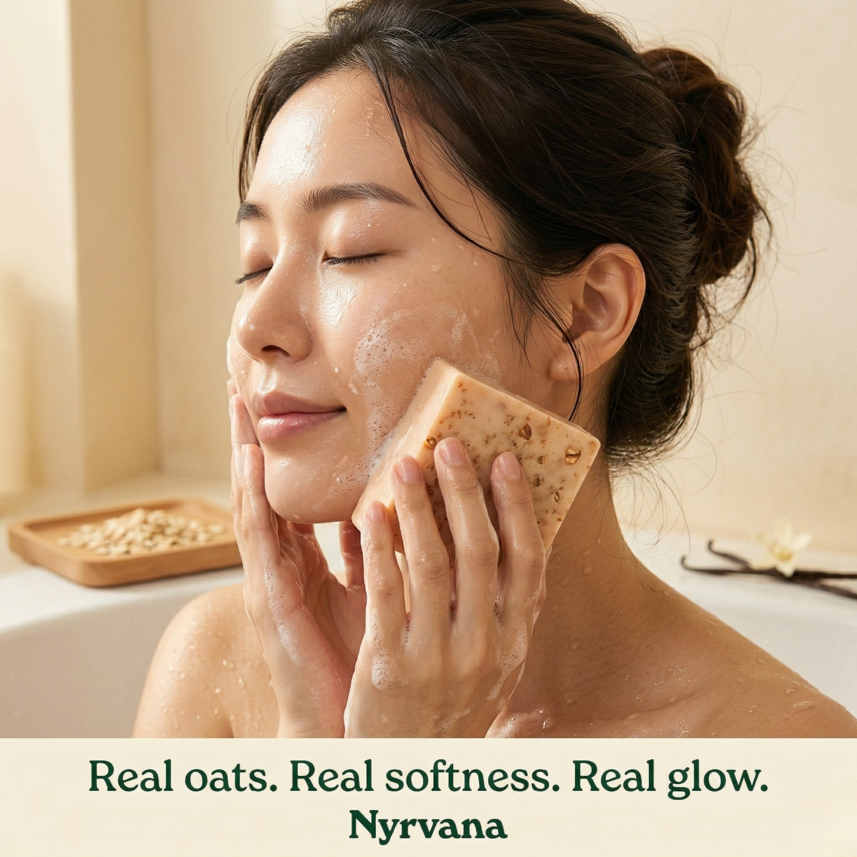 Woman applying Nyrvana Oats Vanilla Cocoa Butter Soap to face in bath real oats real softness real glow