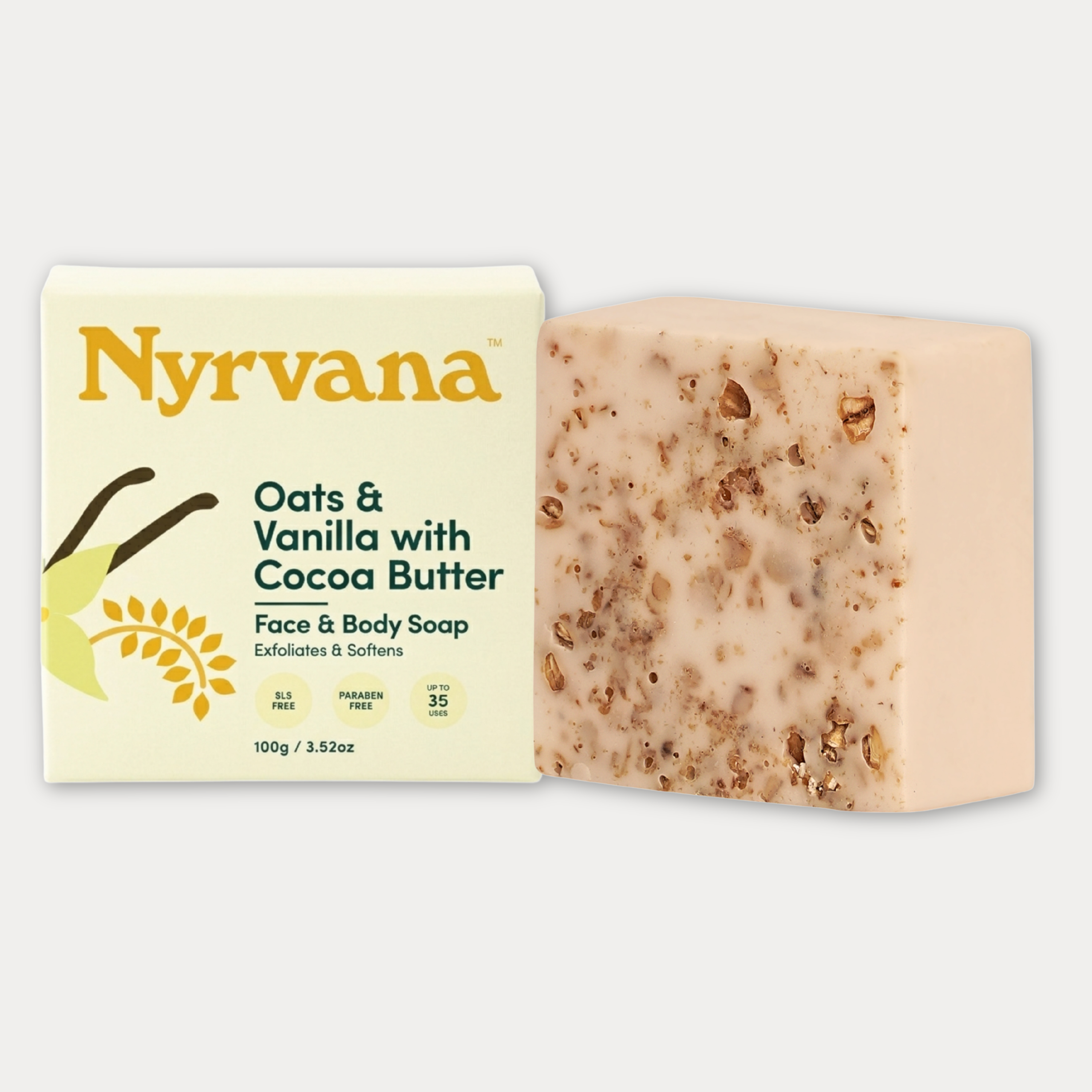 Nyrvana Oats and Vanilla with Cocoa Butter Face and Body Soap 100g bar and box SLS free paraben free exfoliates softens