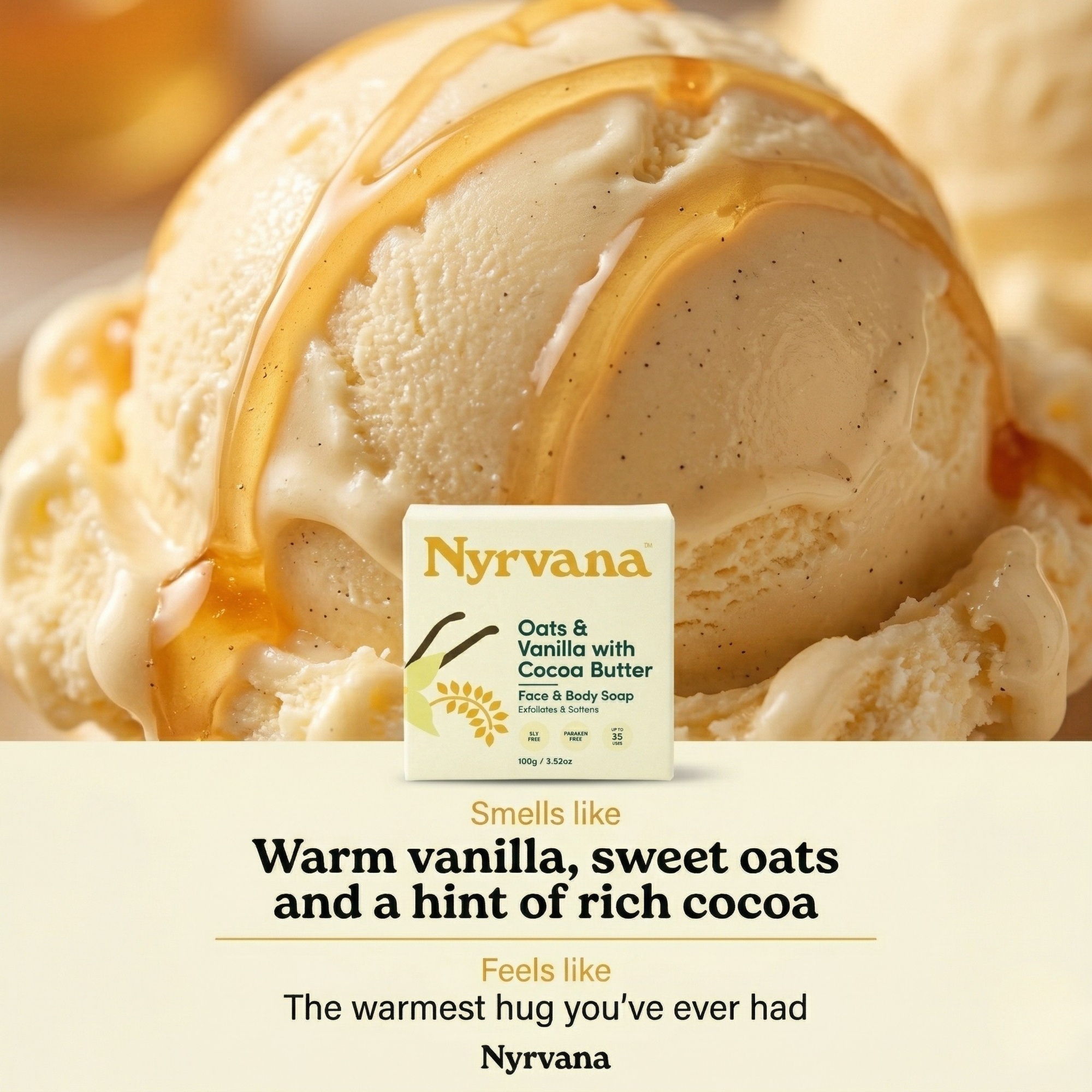 Nyrvana Oats Vanilla Cocoa Butter Soap box against vanilla ice cream backdrop smells like warm vanilla sweet oats hint of rich cocoa