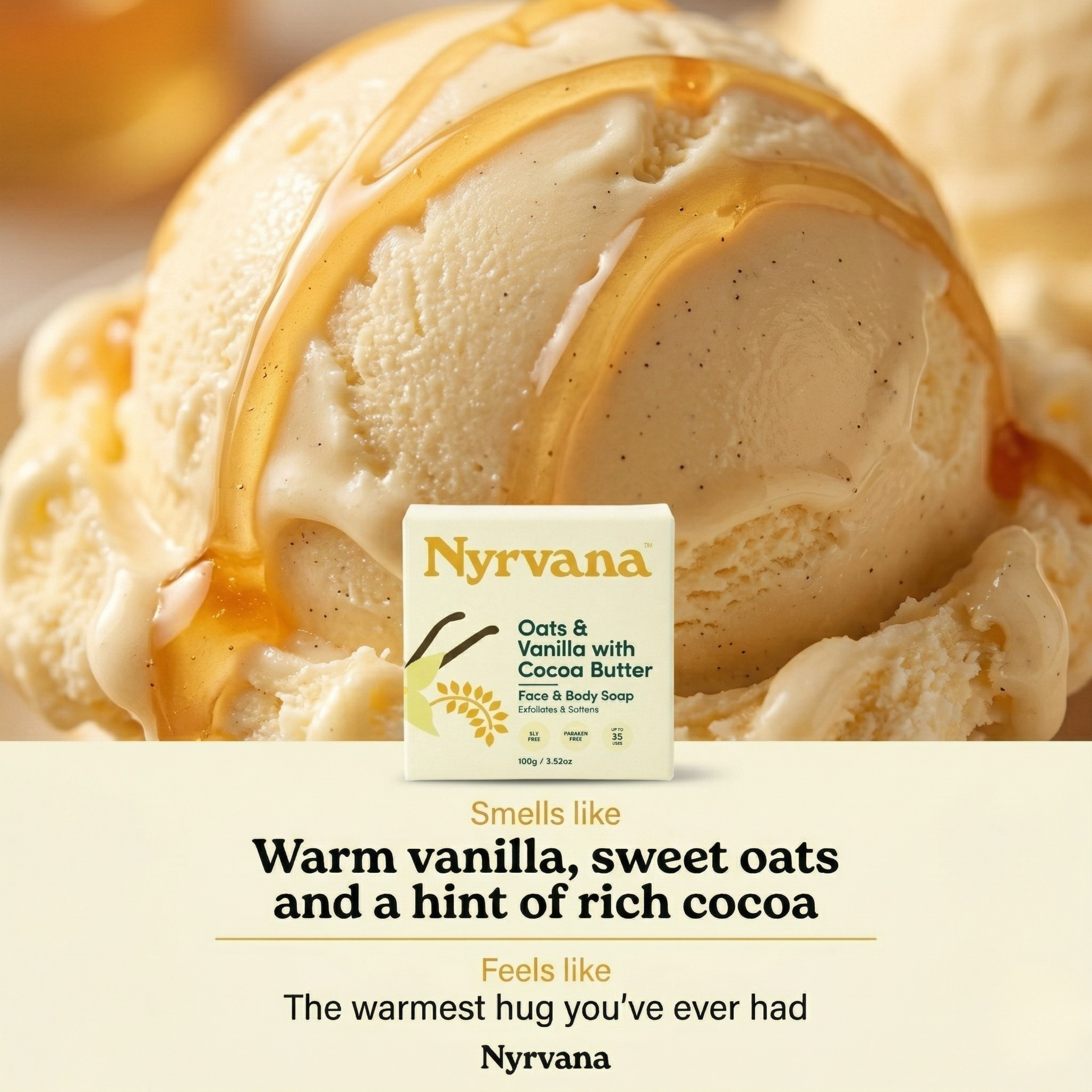Nyrvana Oats Vanilla Cocoa Butter Soap box against vanilla ice cream backdrop smells like warm vanilla sweet oats hint of rich cocoa