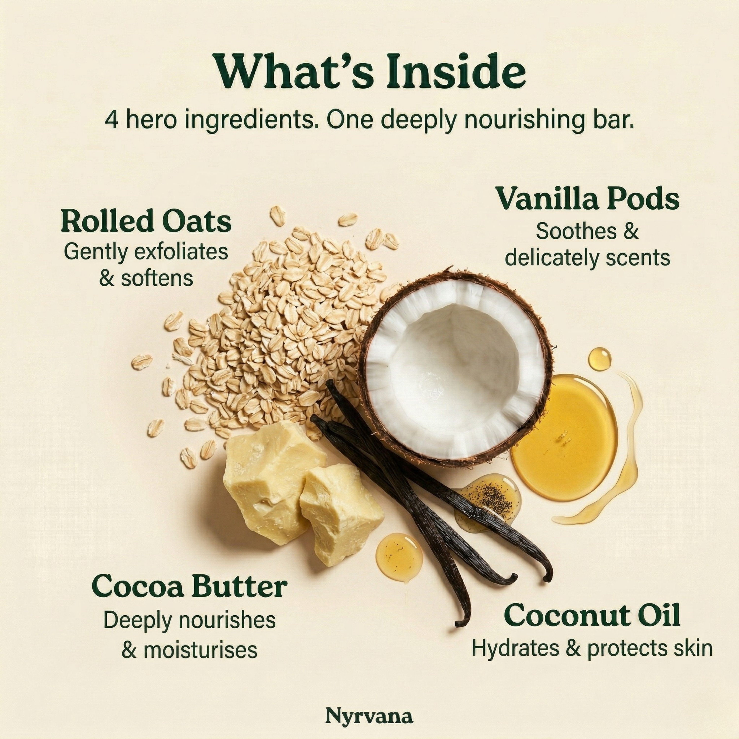 Nyrvana Oats Vanilla Cocoa Butter Soap hero ingredients rolled oats vanilla pods cocoa butter and coconut oil flatlay