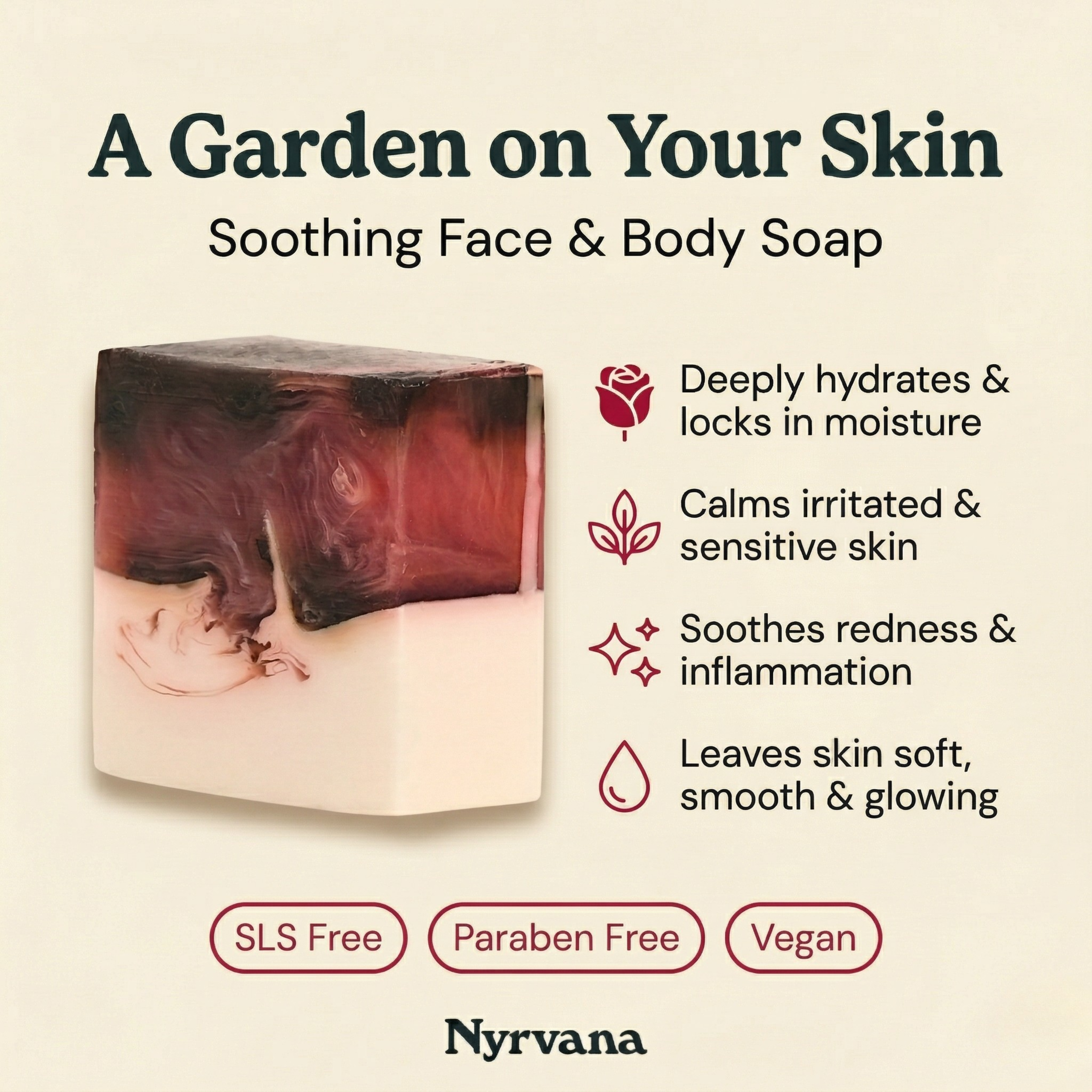 Nyrvana Rose Shea Butter Soap benefits deeply hydrates calms sensitive skin soothes redness leaves skin soft smooth glowing SLS free vegan