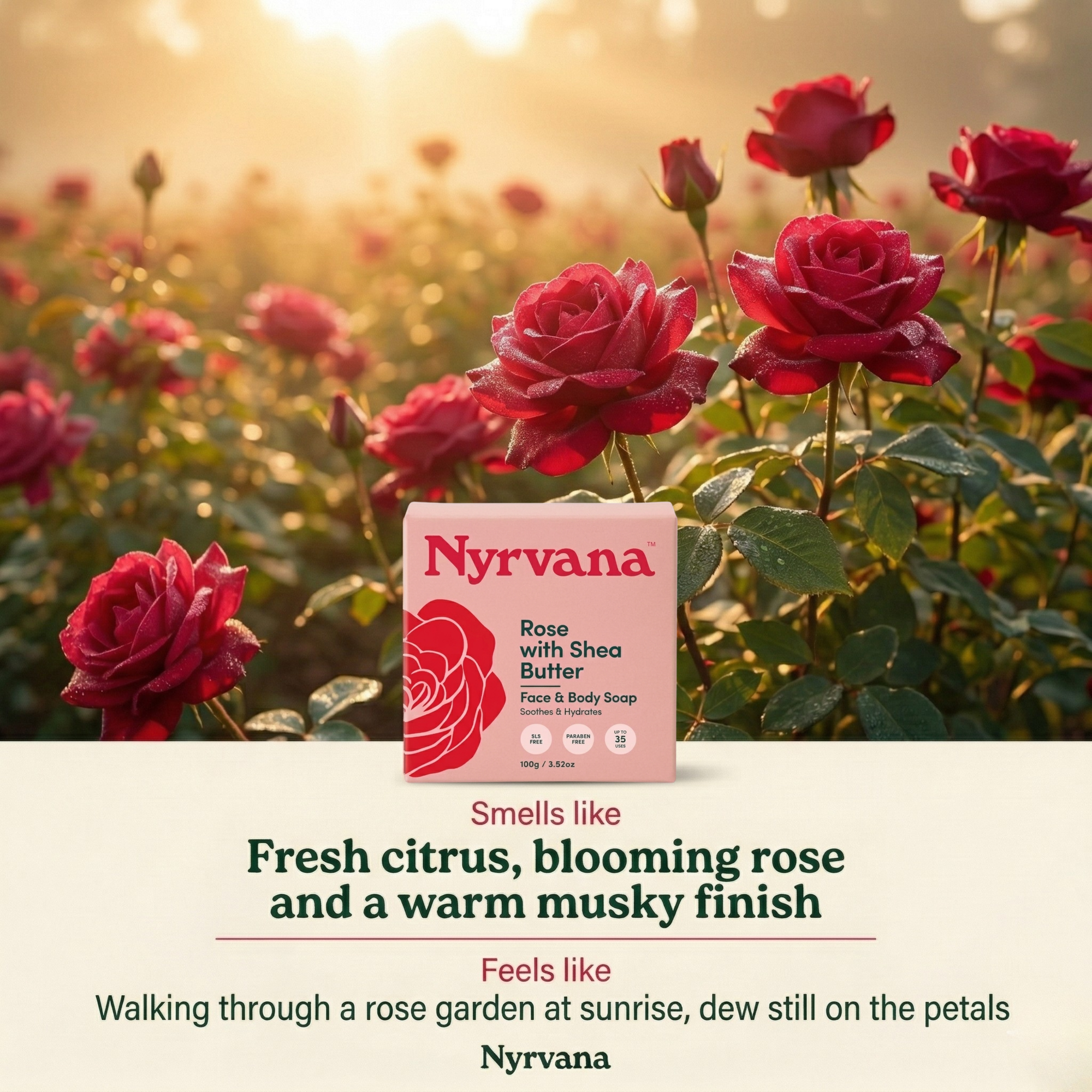 Nyrvana Rose Shea Butter Soap box in red rose garden smells like fresh citrus blooming rose and warm musky finish