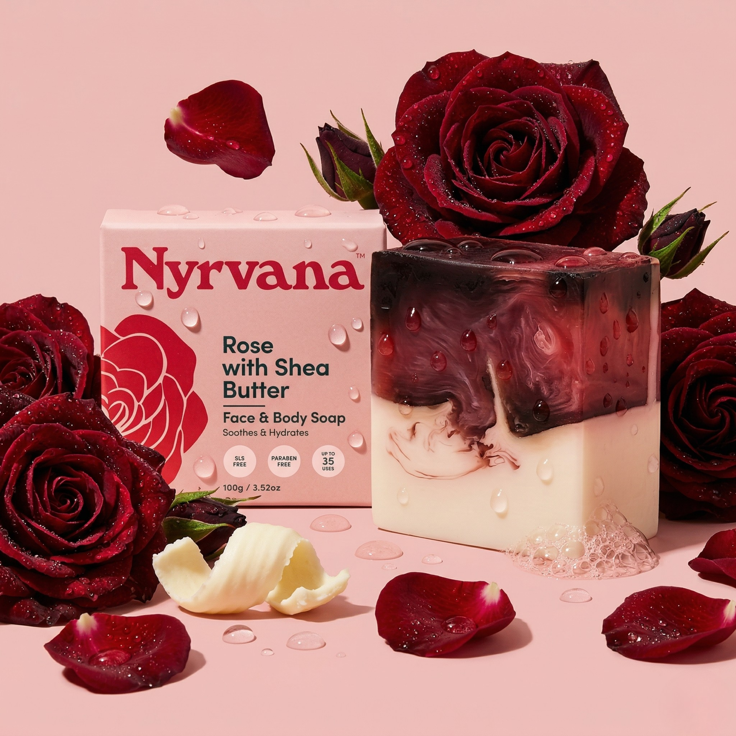 Nyrvana Rose Shea Butter Soap bar with fresh red roses rose petals and shea butter curl on pink background